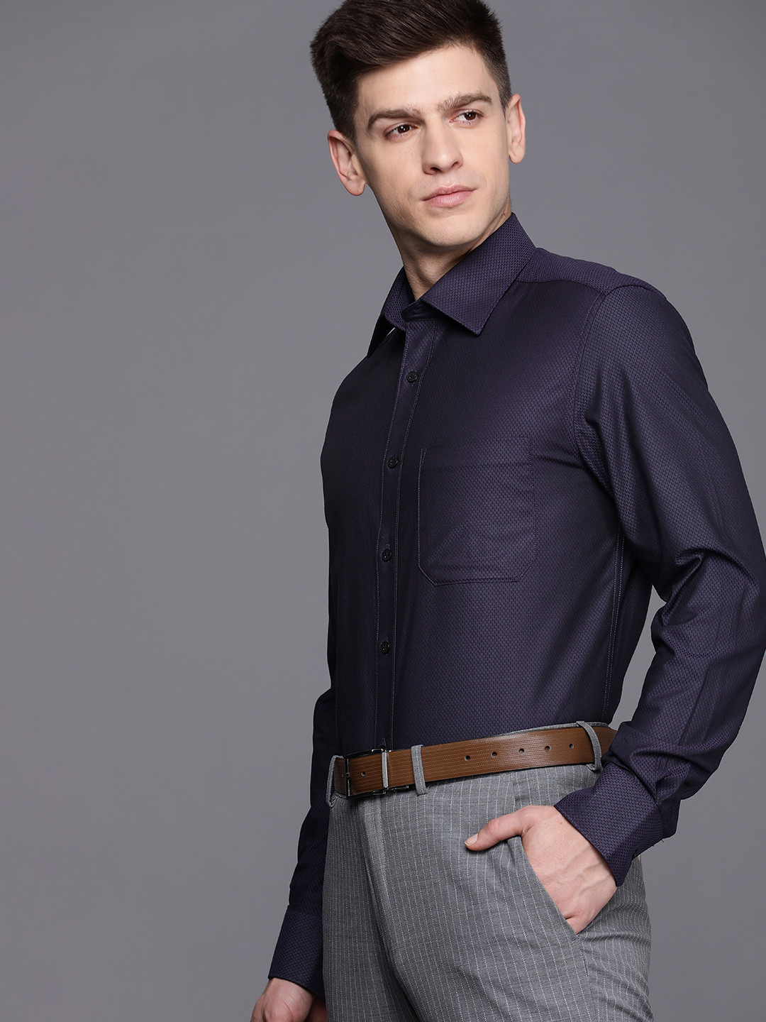 

Louis Philippe Pure Cotton Textured Formal Shirt, Navy blue