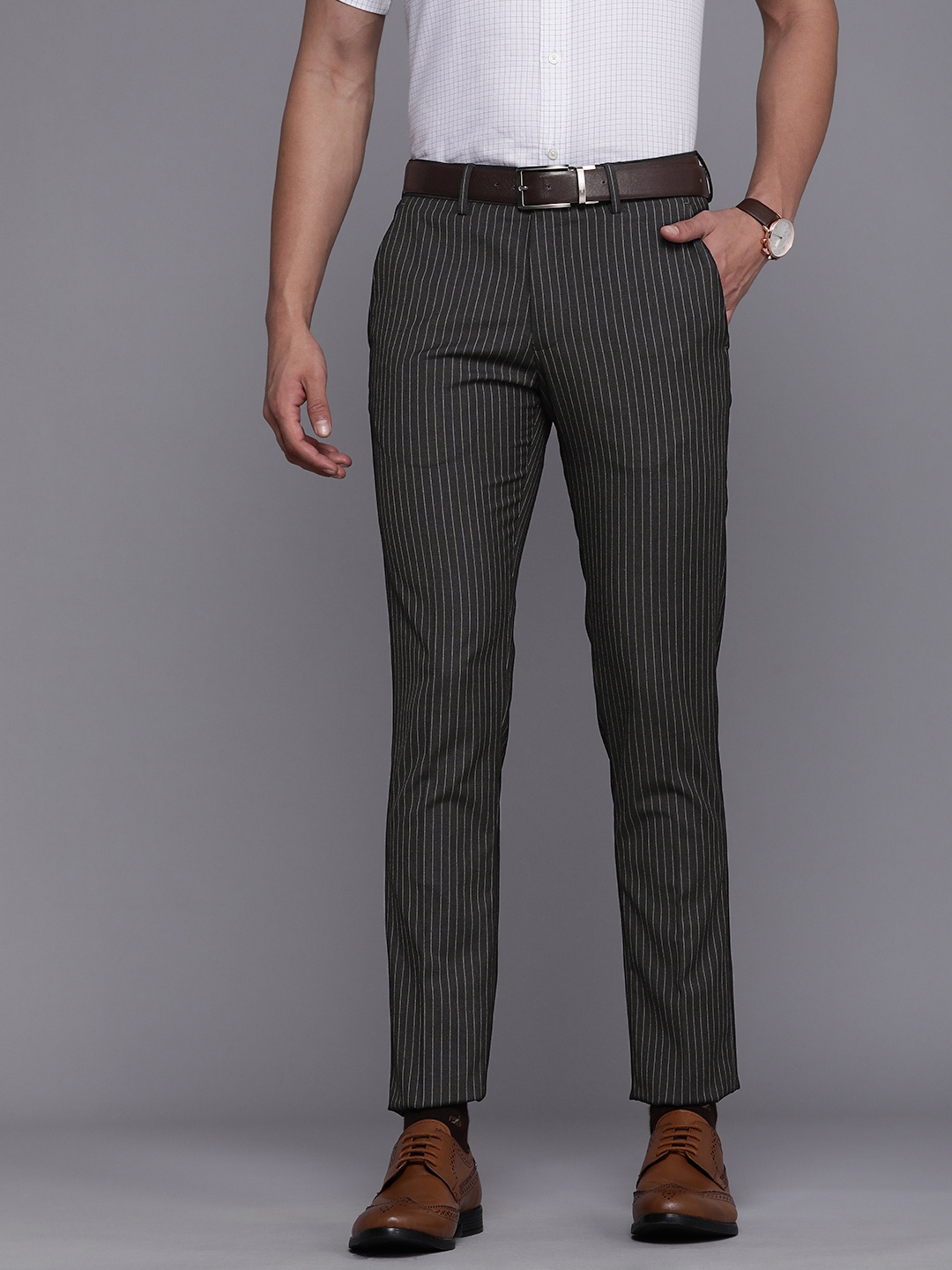 

Louis Philippe Men Striped Super Slim Fit Trousers, Charcoal