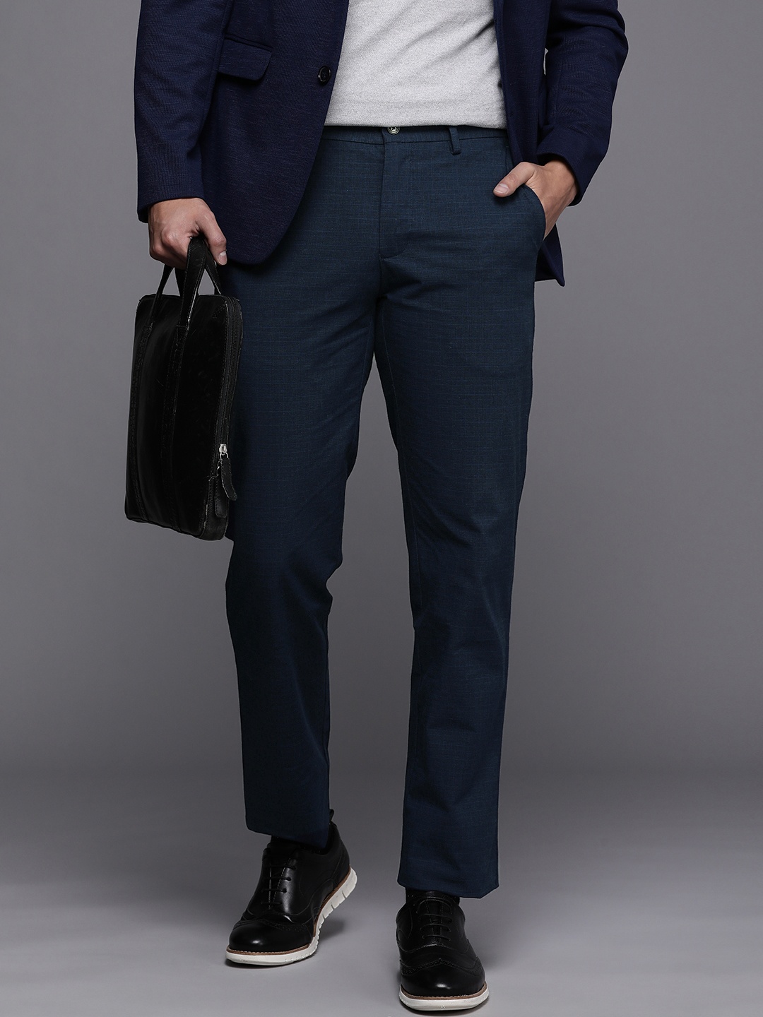 

Louis Philippe Men Checked Slim Fit Trousers, Teal