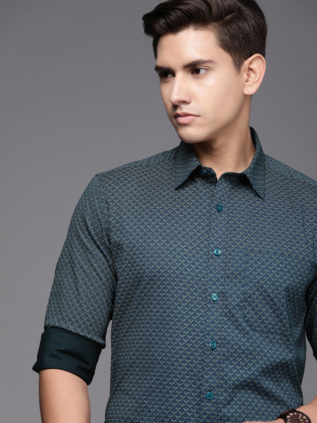 

Louis Philippe Pure Cotton Slim Fit Opaque Printed Formal Shirt, Navy blue