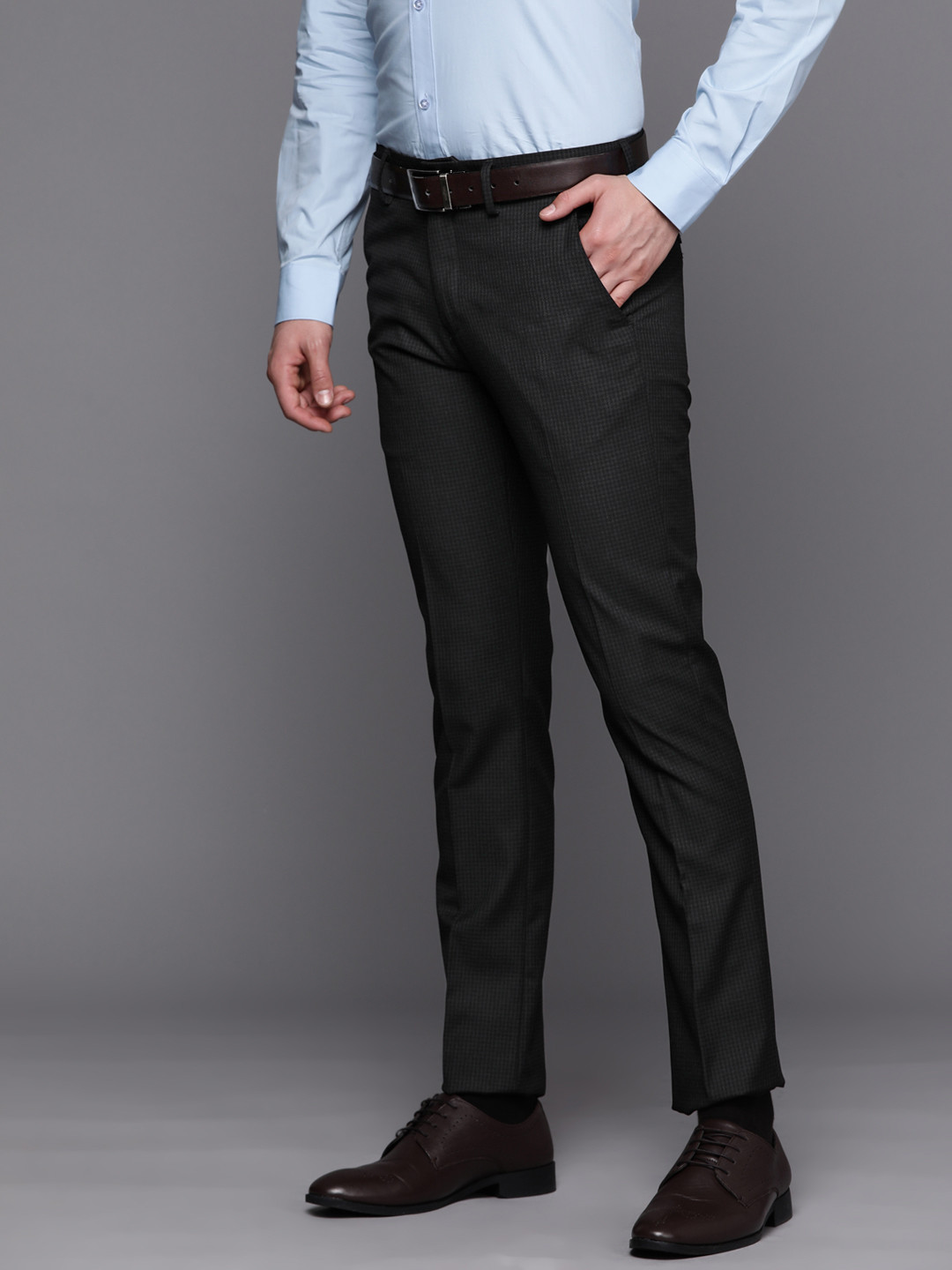 

Louis Philippe Men Self Checked Super Slim Fit Trousers, Black