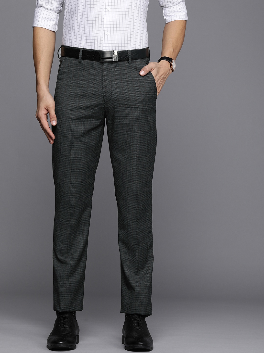 

Louis Philippe Men Charcoal Grey Checked Slim Fit Trousers