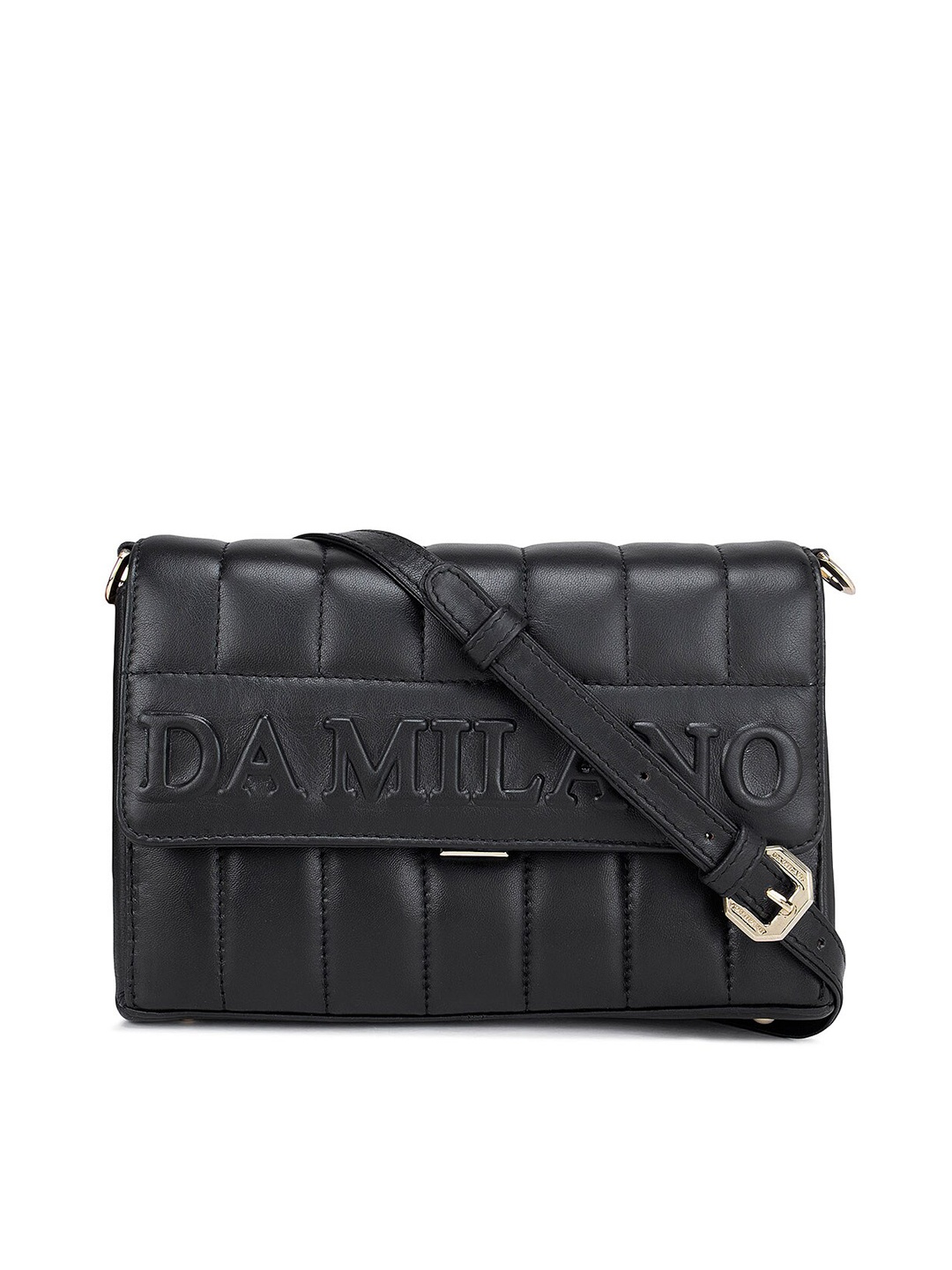 

Da Milano Women Black Textured Leather Sling Bag with Quilted