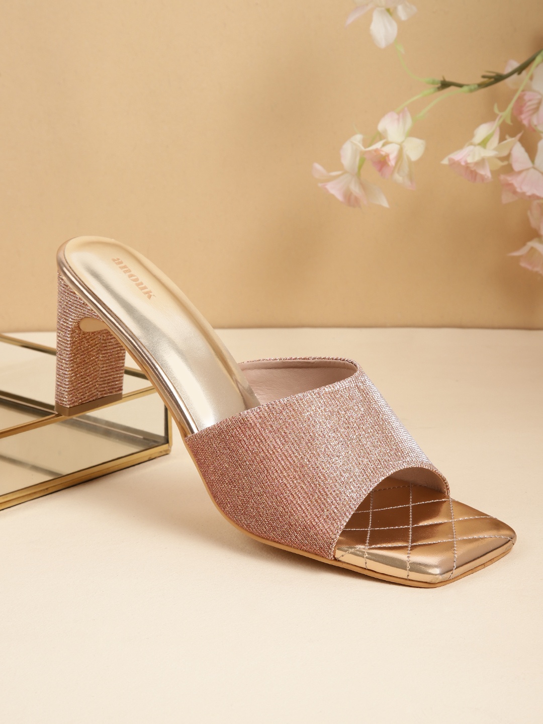 

Anouk Textured Ethnic Block Heel Sandals, Rose gold