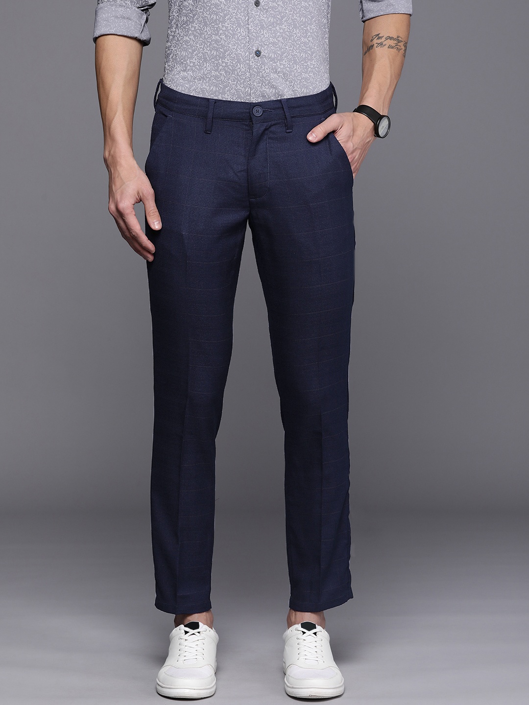 Louis Philippe Ath Work Checked Cropped Trousers, Navy blue