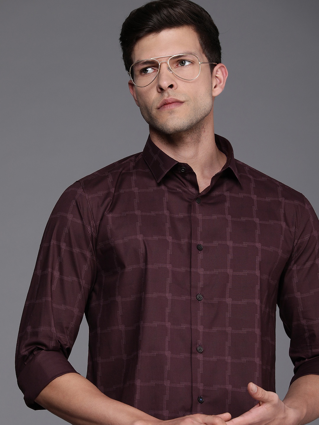 

Louis Philippe Ath.Work Slim Fit Windowpane Checks Casual Shirt, Burgundy