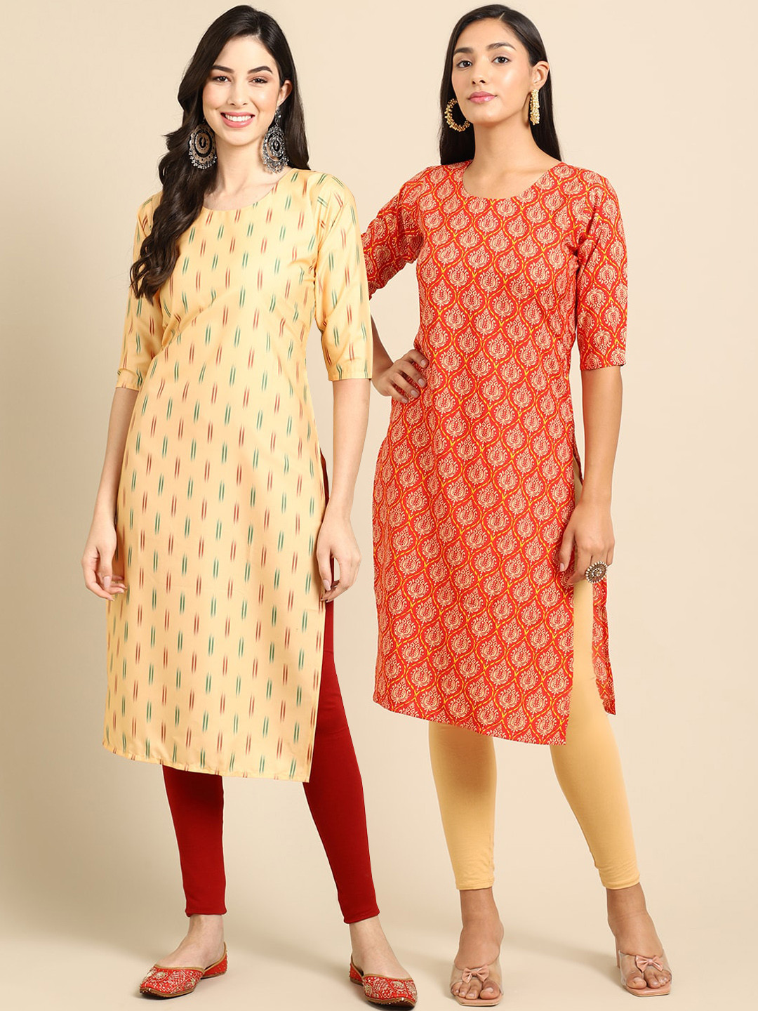 

7Threads Women Pack Of 2 Beige & Orange Ethnic Motifs Printed Crepe Kurtas