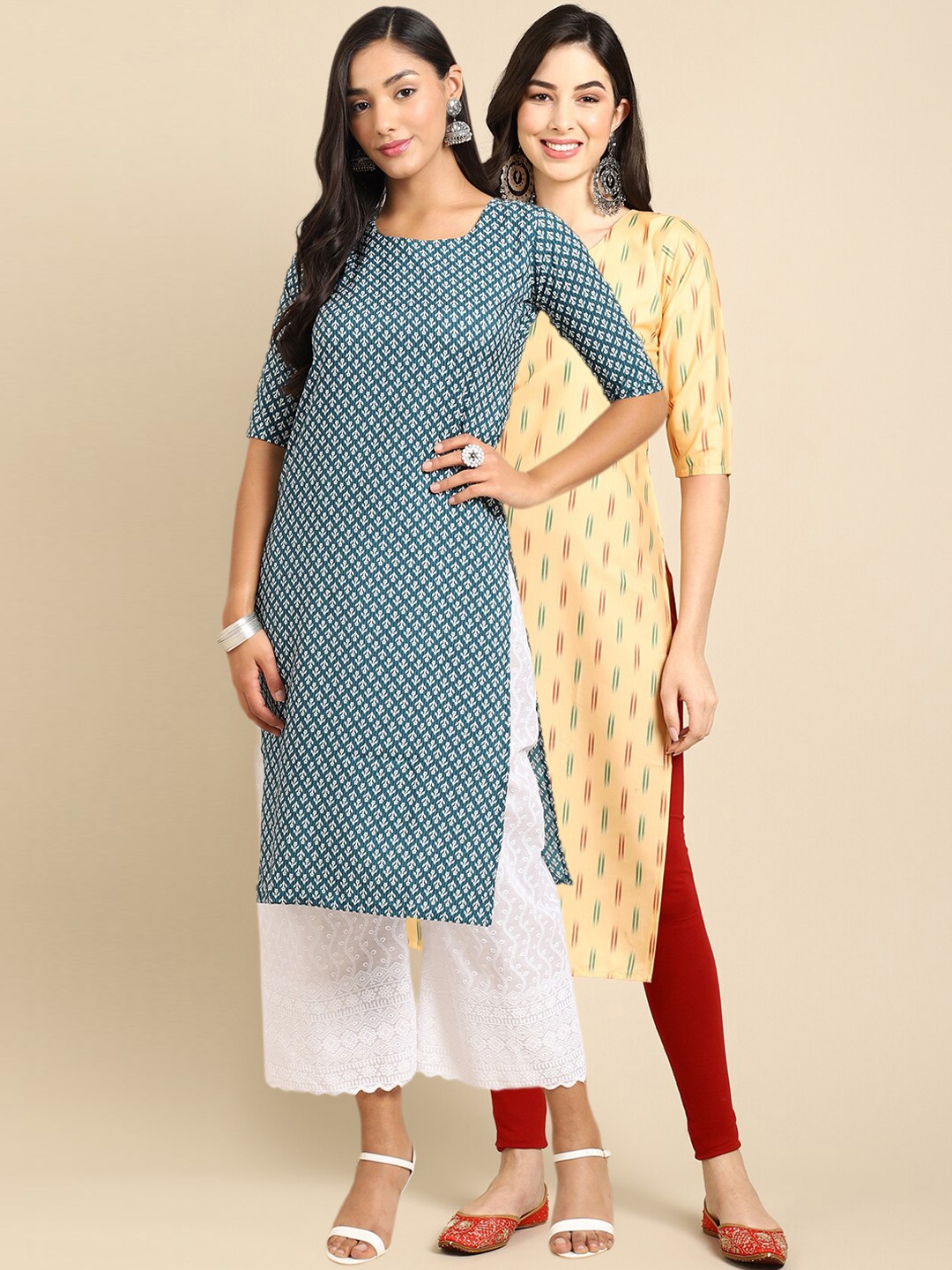 

7Threads Women Pack Of 2 Teal & Beige Ethnic Motifs Printed Crepe Kurtas