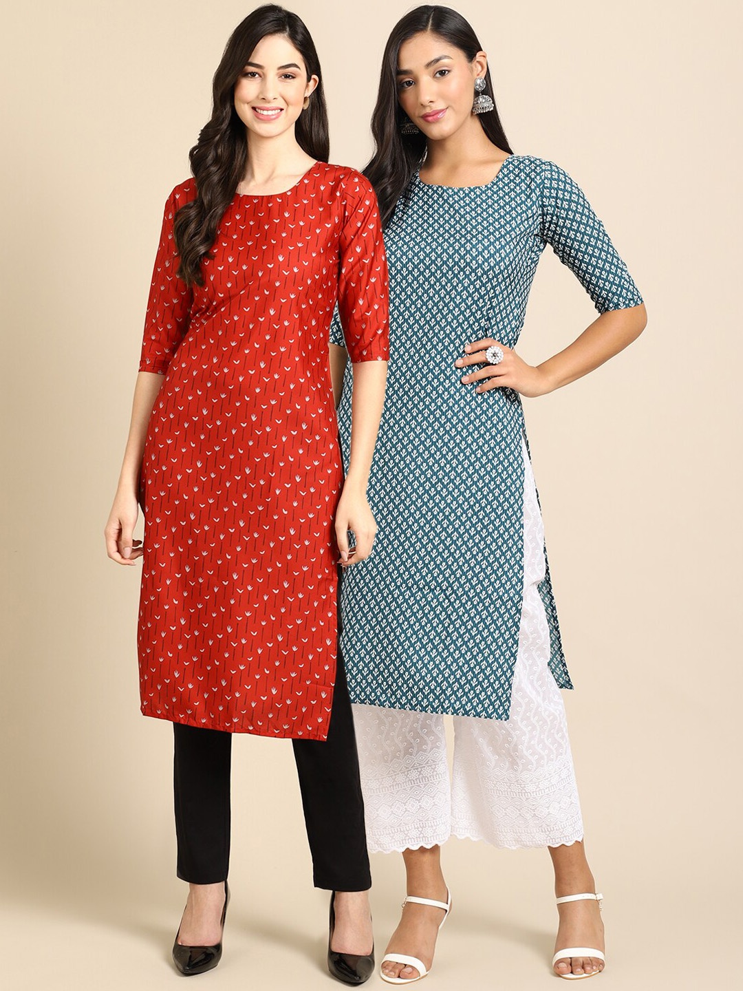 

7Threads Pack Of 2 Geometric Printed Block Print Straight Regular Crepe Kurtas, Red