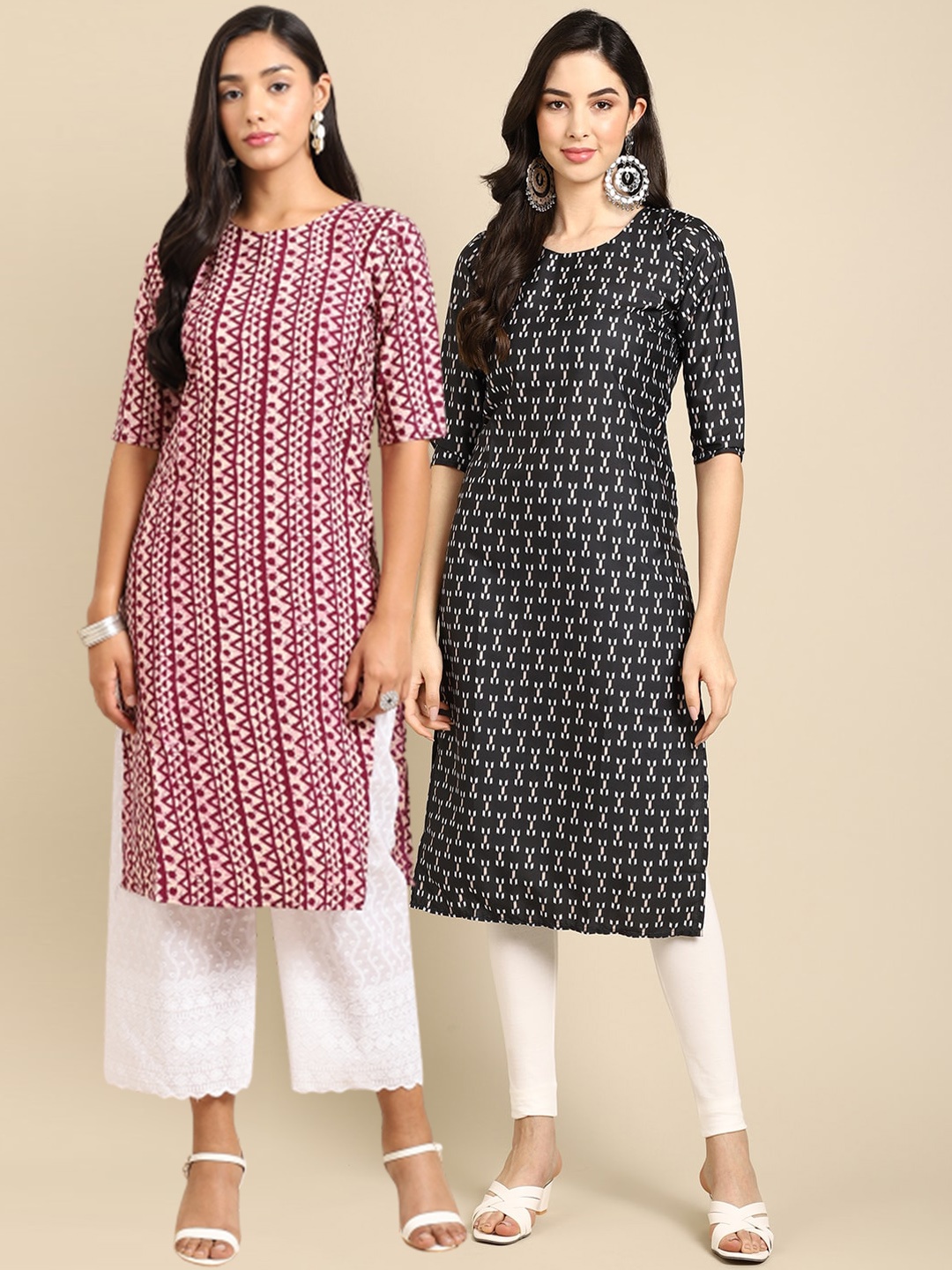

7Threads Pack of 2 Geometric Printed Crepe Kurta, Maroon