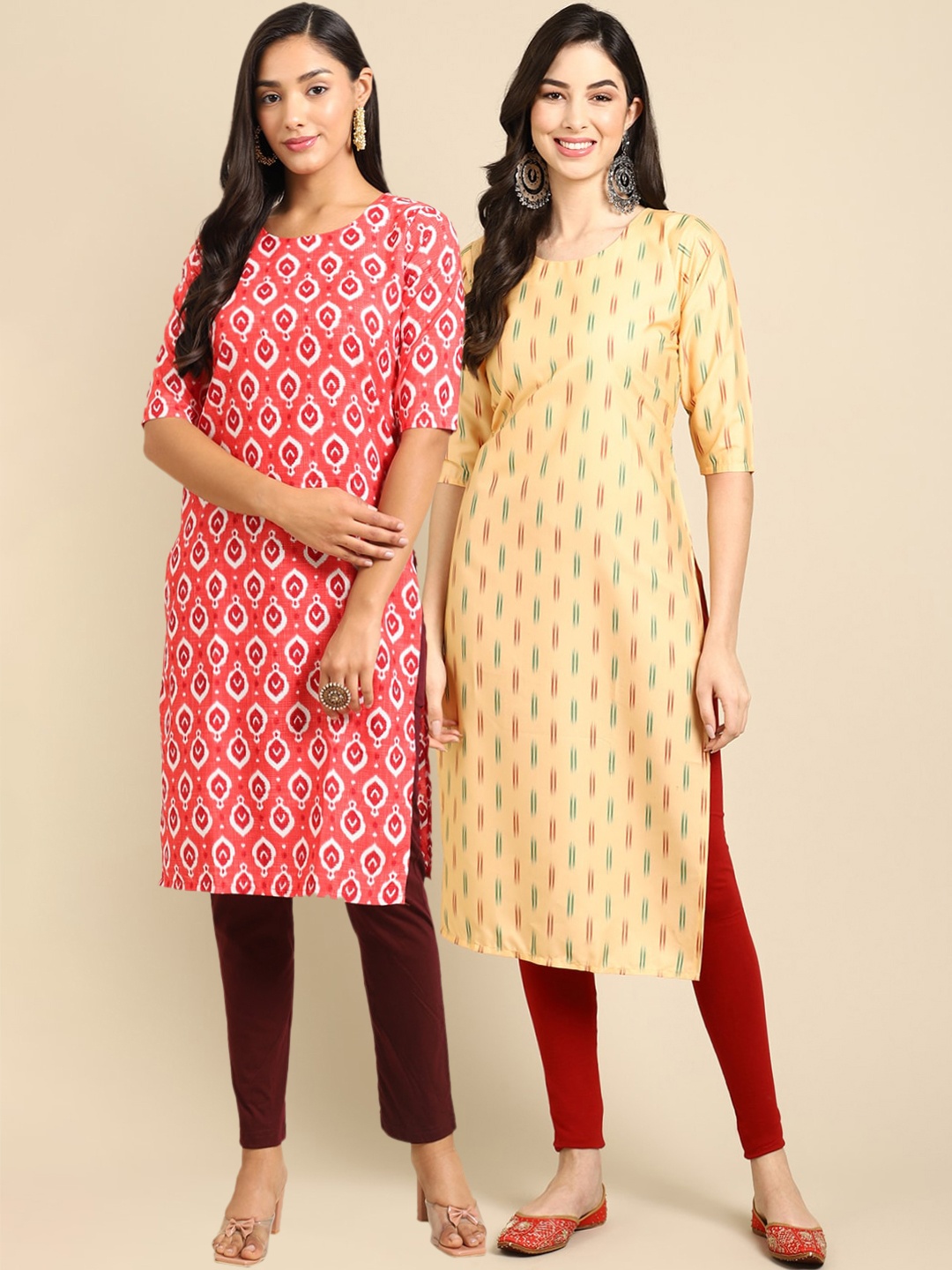 

7Threads Women Pack of 2 Coral & Cream-Coloured Printed Crepe Kurta