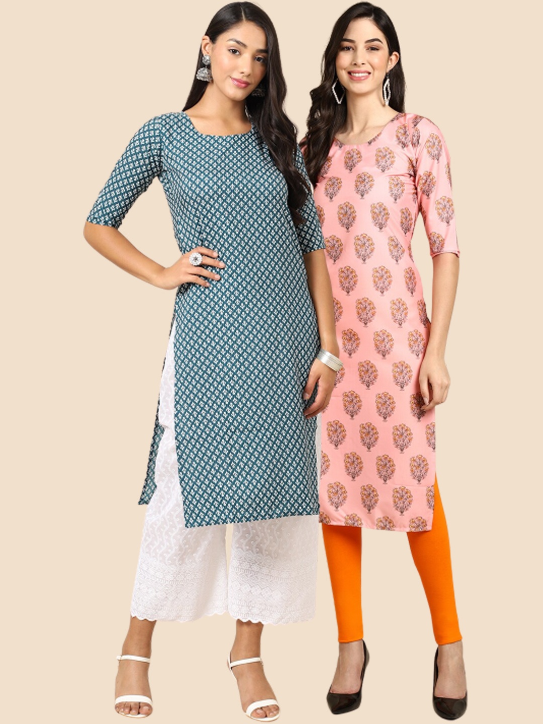 7Threads Pack of 2 Geometric Printed Crepe Kurta, Teal
