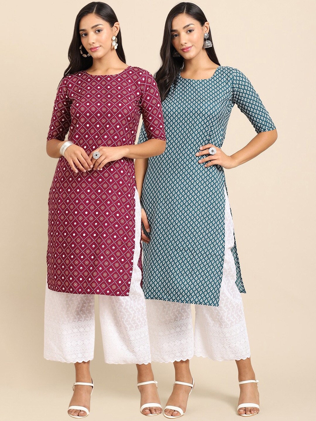 

7Threads Pack of 2 Geometric Printed Crepe Kurta, Purple