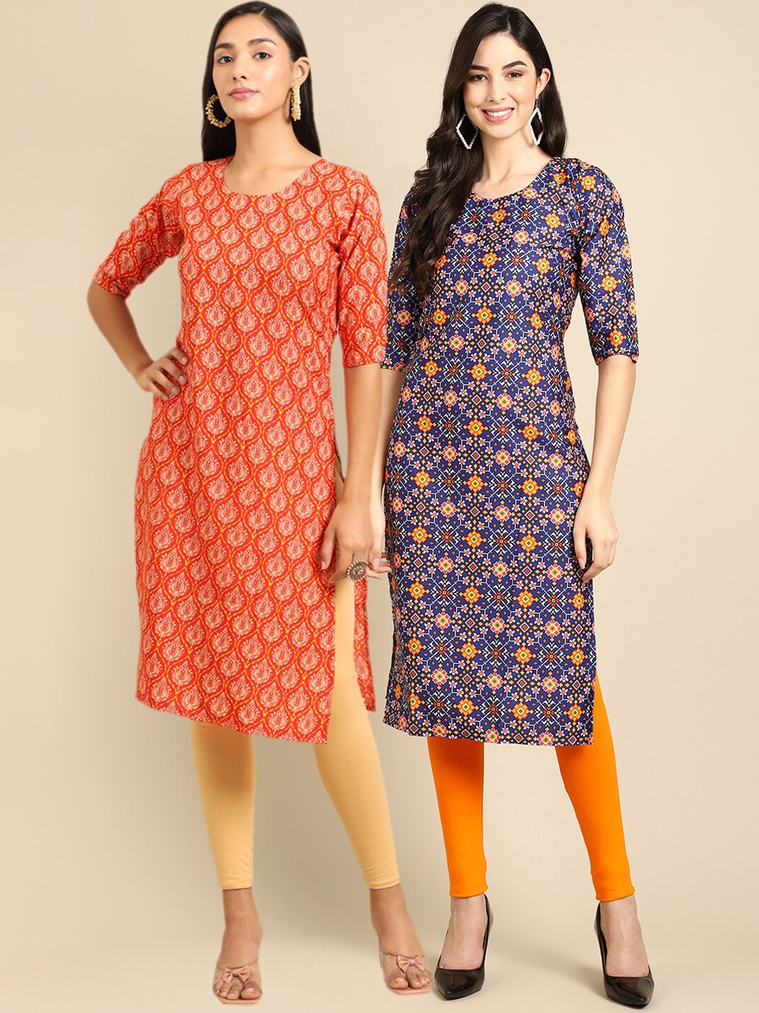 

7Threads Pack of 2 Geometric Printed Crepe Kurta, Orange