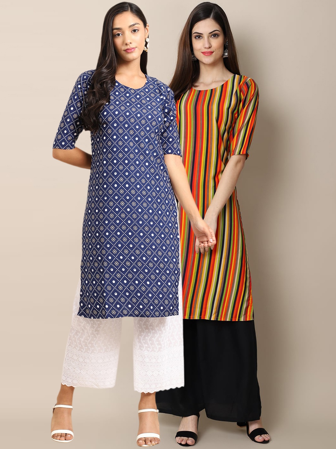 7Threads Pack of 2 Geometric Printed Crepe Kurta, Blue