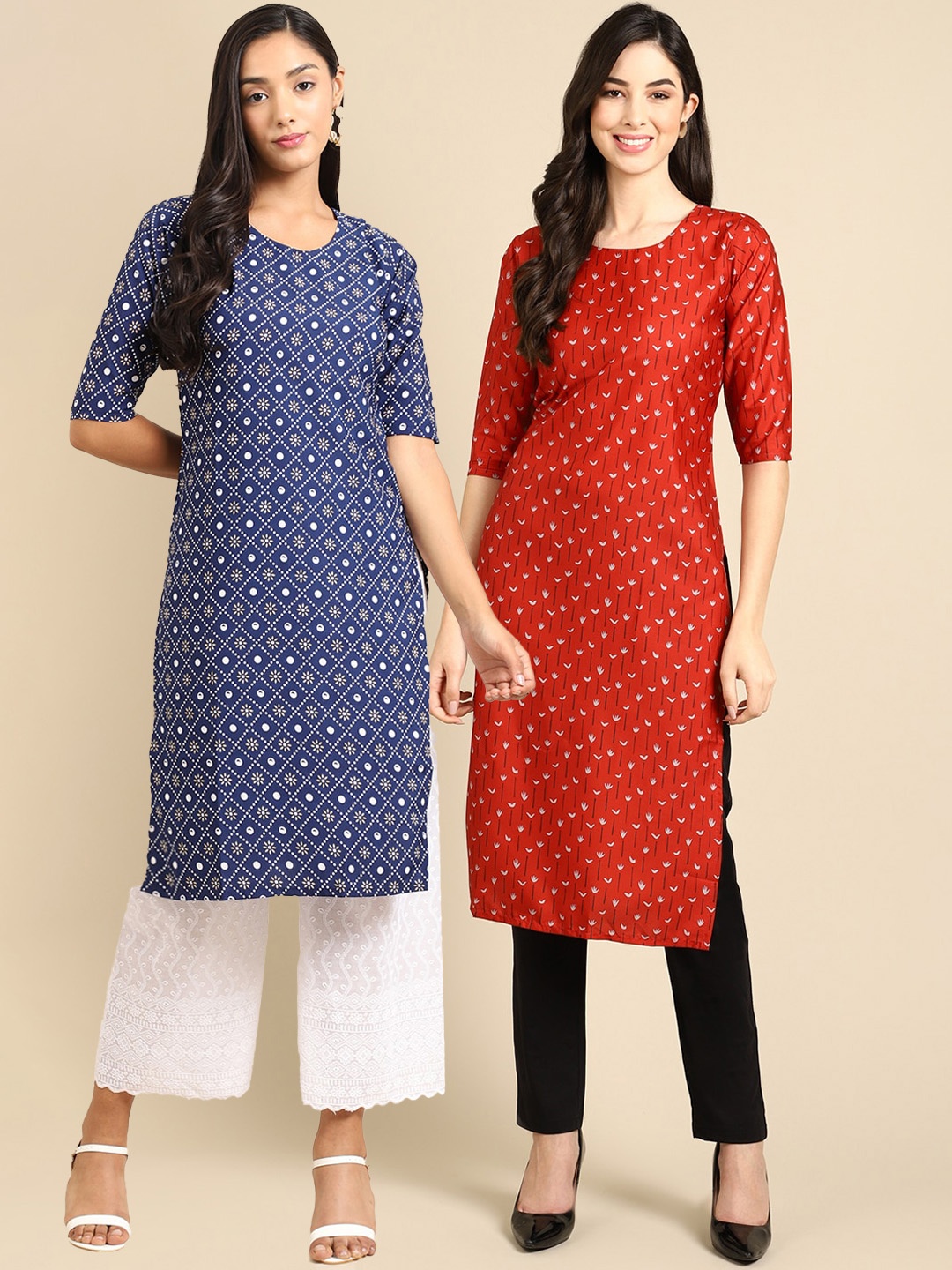 7Threads Women Pack of 2 Ethnic Motifs Printed Crepe Kurta, Red