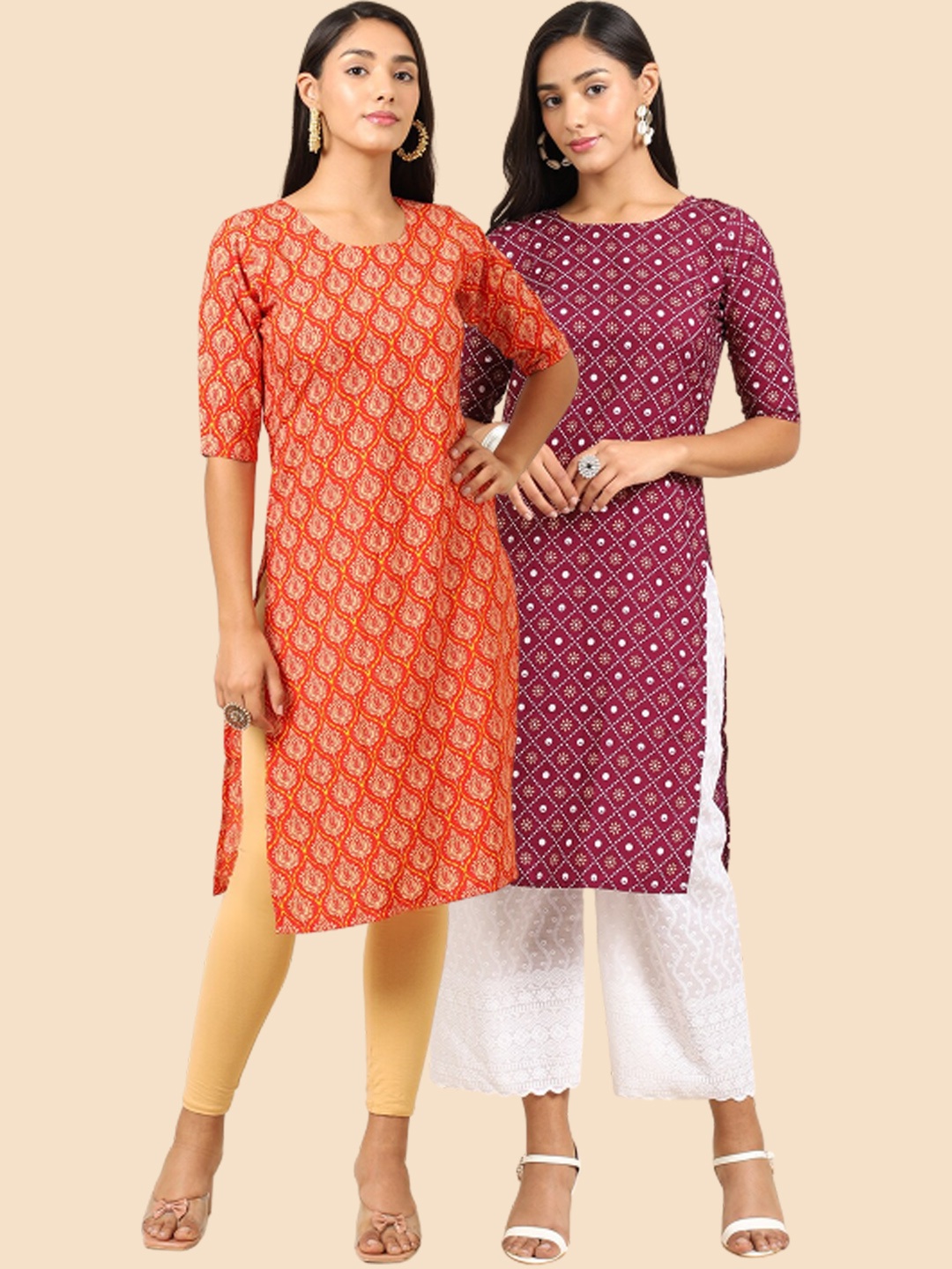 7Threads Women Pack of 2 Ethnic Motifs Printed Crepe Kurta, Orange