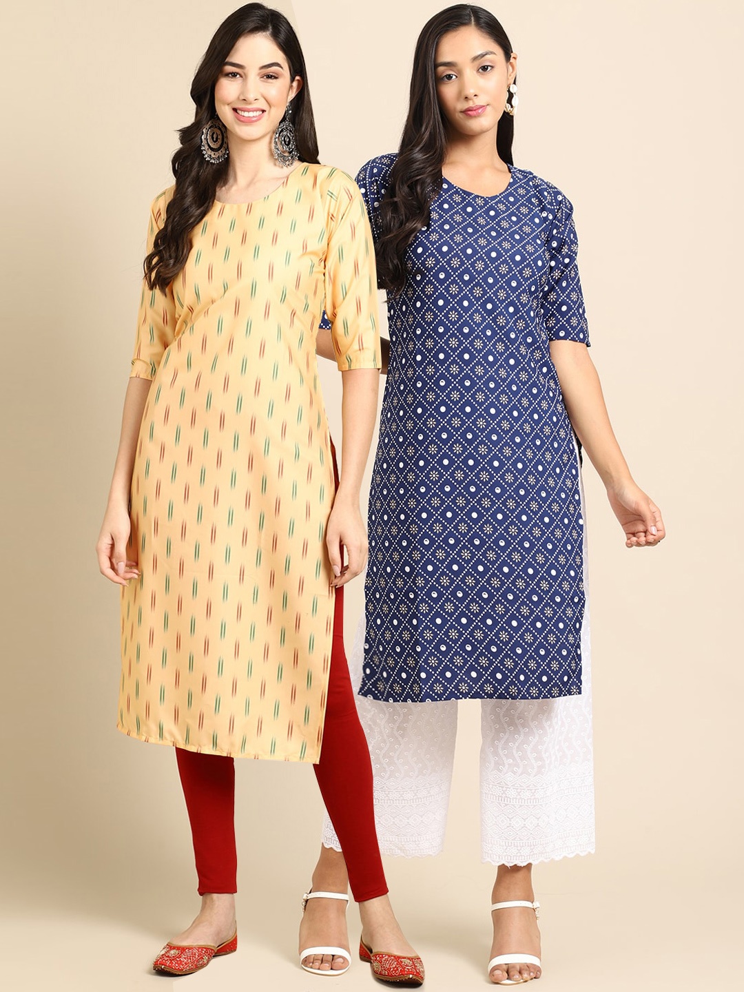 

7Threads Women Pack of 2 Ethnic Motifs Printed Crepe Kurta, Yellow