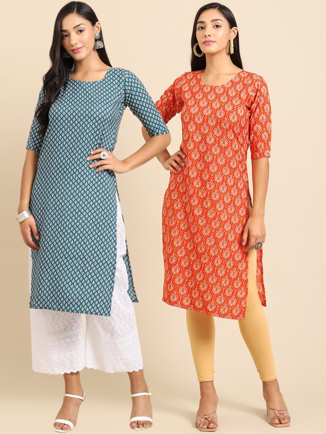 7Threads Women Pack of 2 Ethnic Motifs Printed Crepe Kurta, Green
