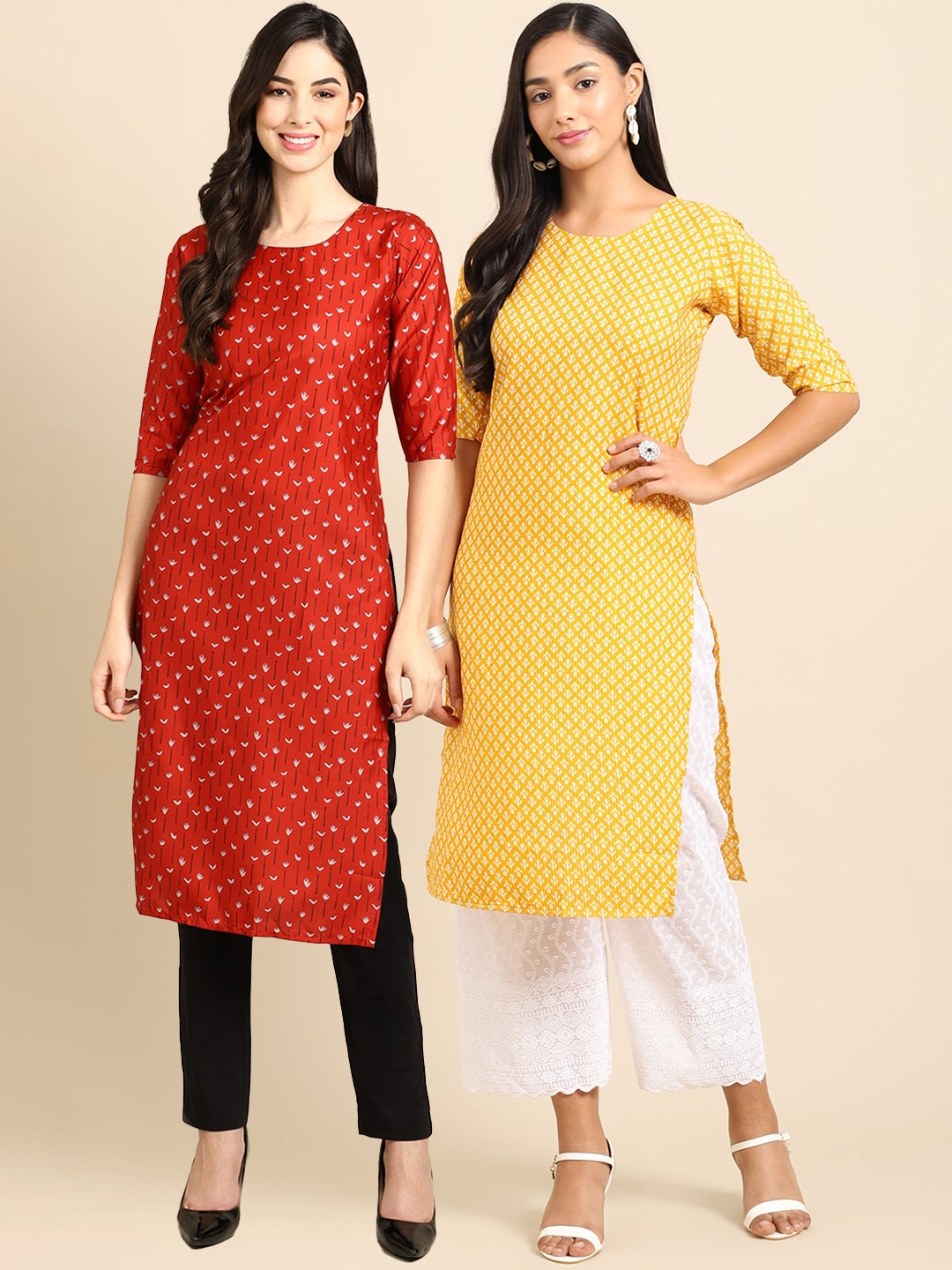 

7Threads Women Pack of 2 Ethnic Motifs Printed Crepe Kurta, Red