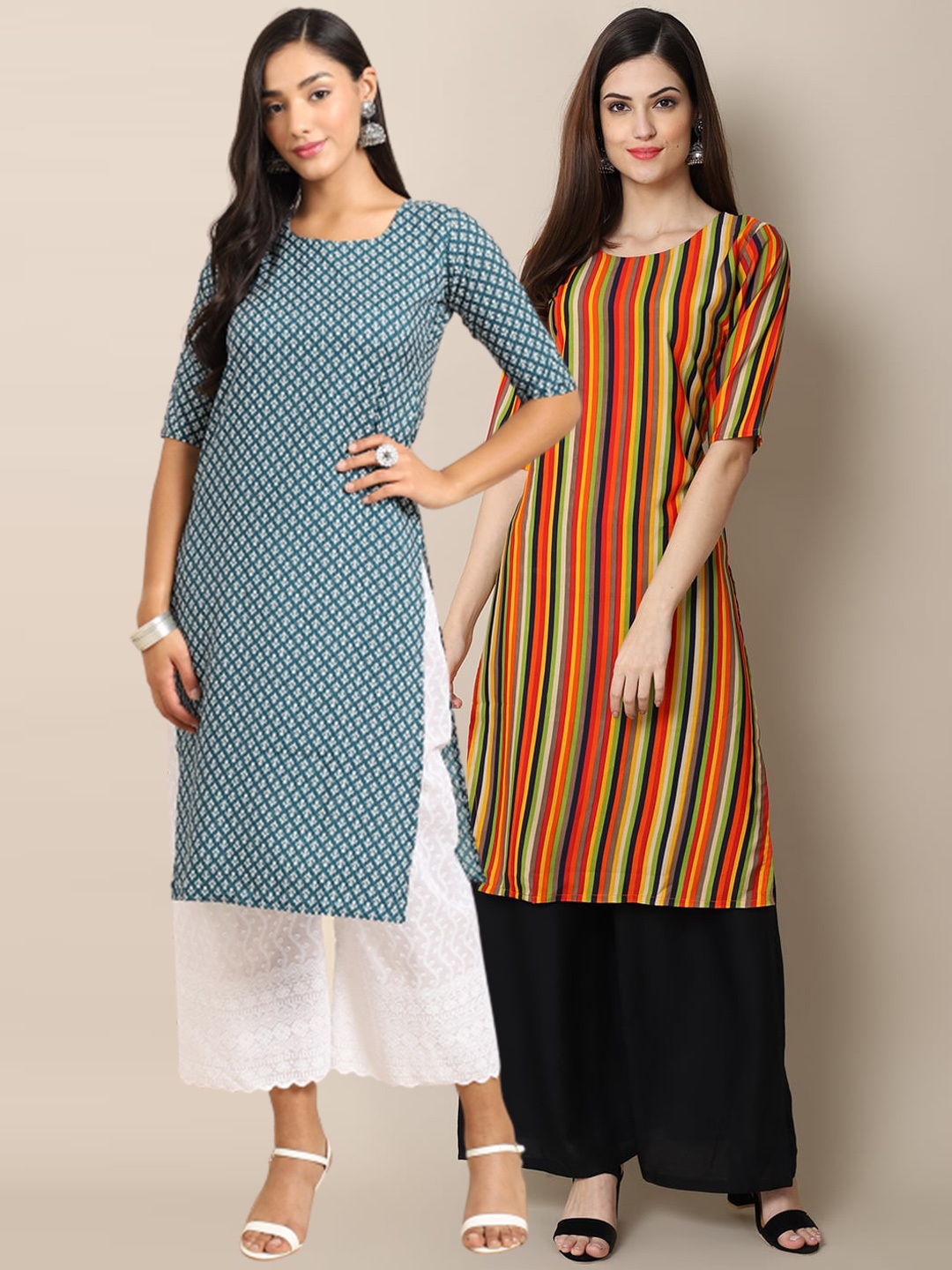 

7Threads Women Pack of 2 Blue & Multicoloured Geometric Striped Crepe Kurta