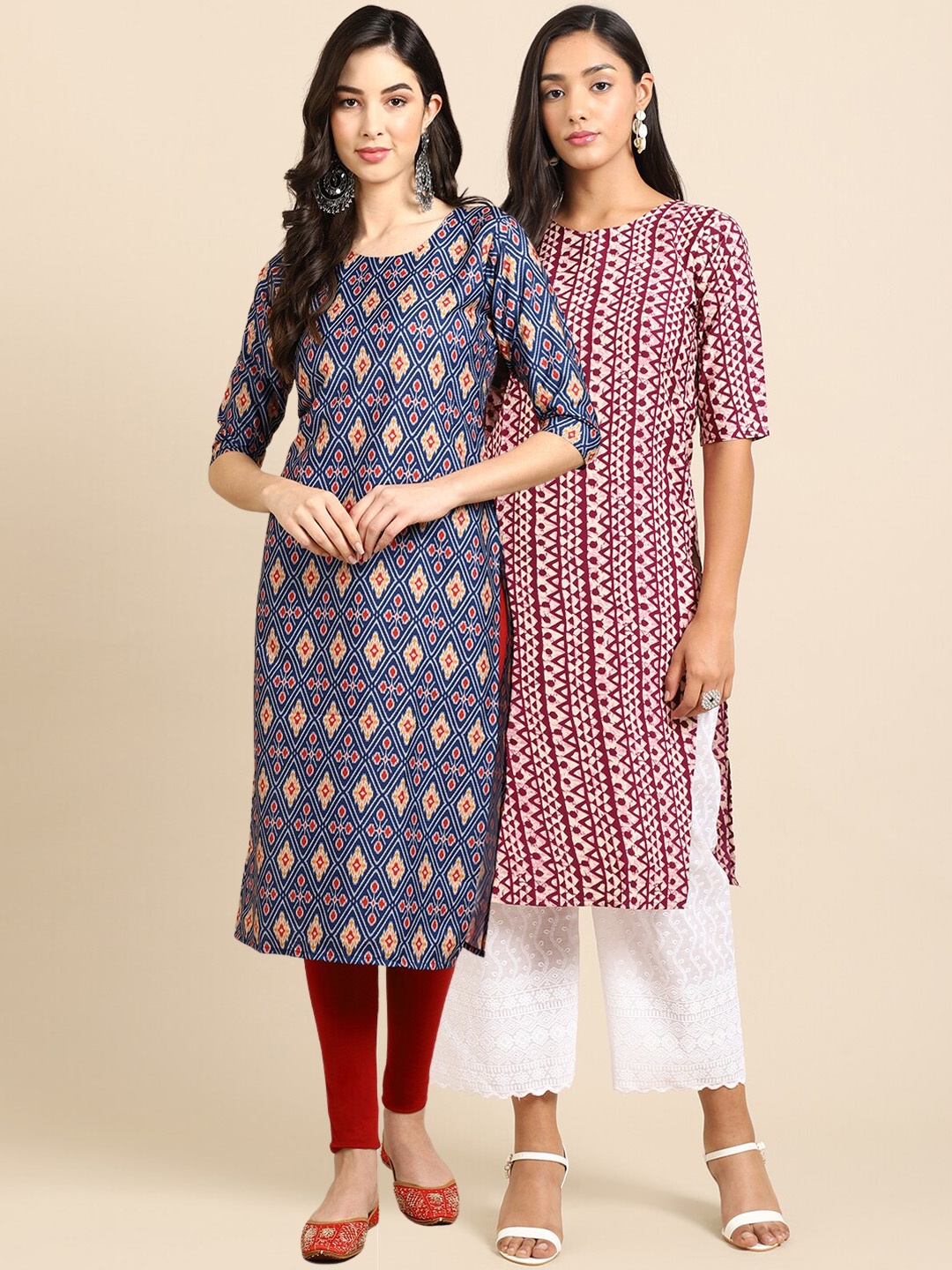 

7Threads Women Pack of 2 Blue & Maroon Ethnic Motifs Printed Crepe Kurta