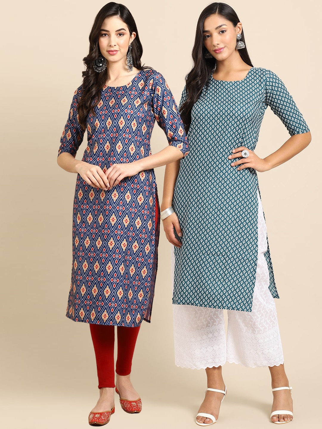 

7Threads Women Pack of 2 Navy Blue & Teal Ethnic Motifs Printed Crepe Kurta