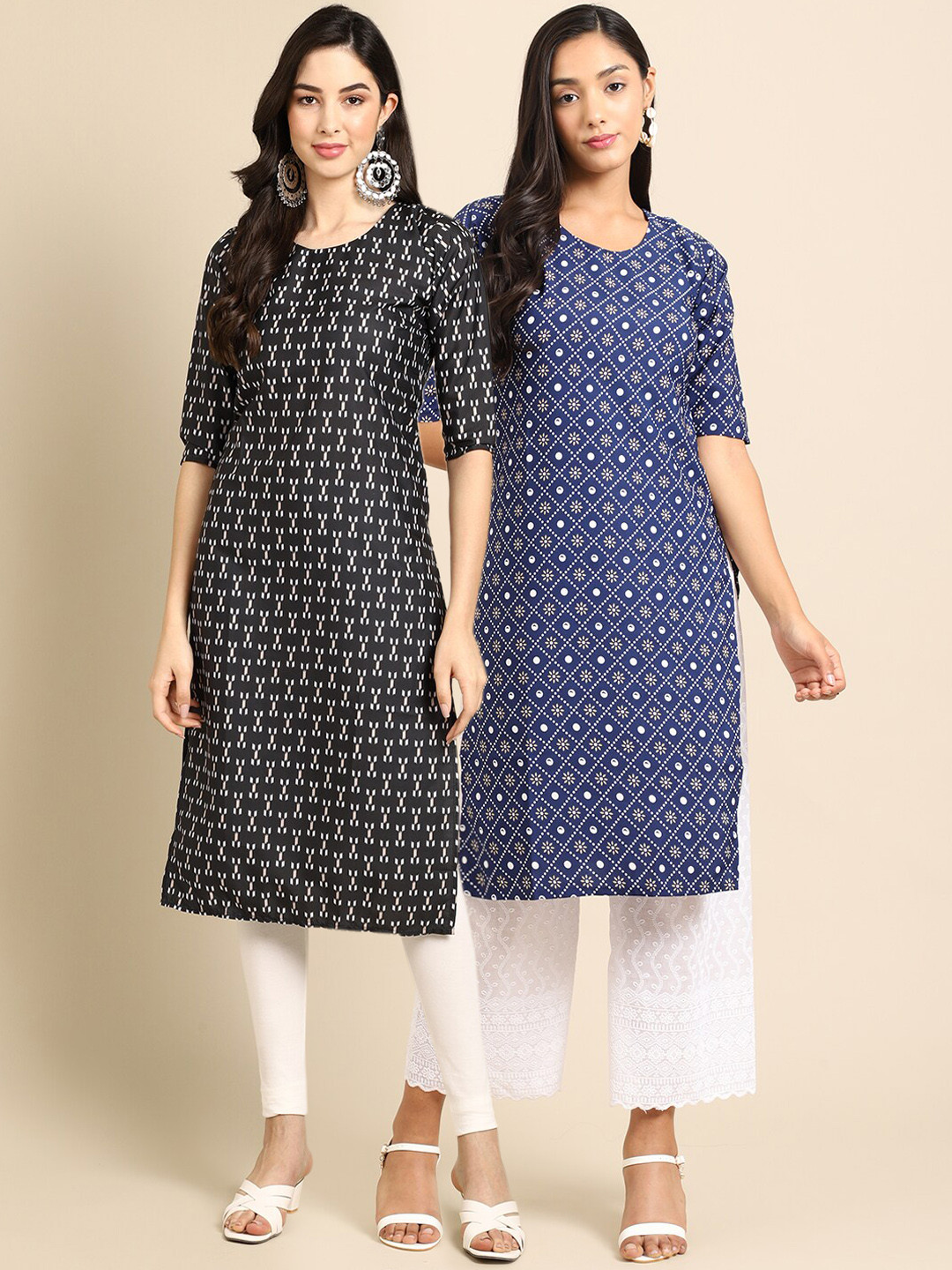

7Threads Women Pack of 2 Black & Blue Geometric Printed Crepe Kurta