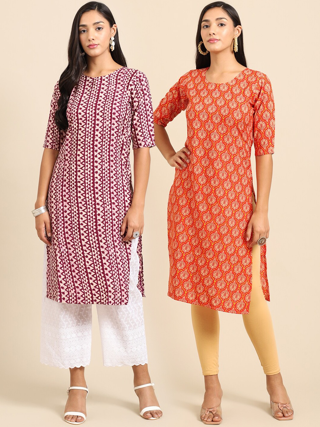 

7Threads Women Pack of 2 Maroon & Orange Ethnic Motifs Printed Crepe Kurta