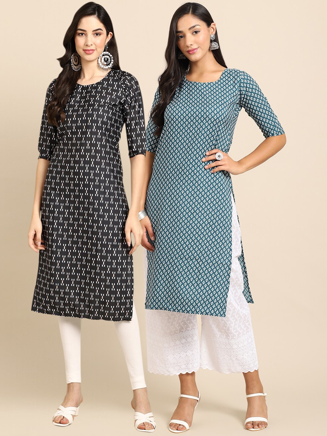 

7Threads Women Pack of 2 Black & Blue Printed Straight Crepe Kurta