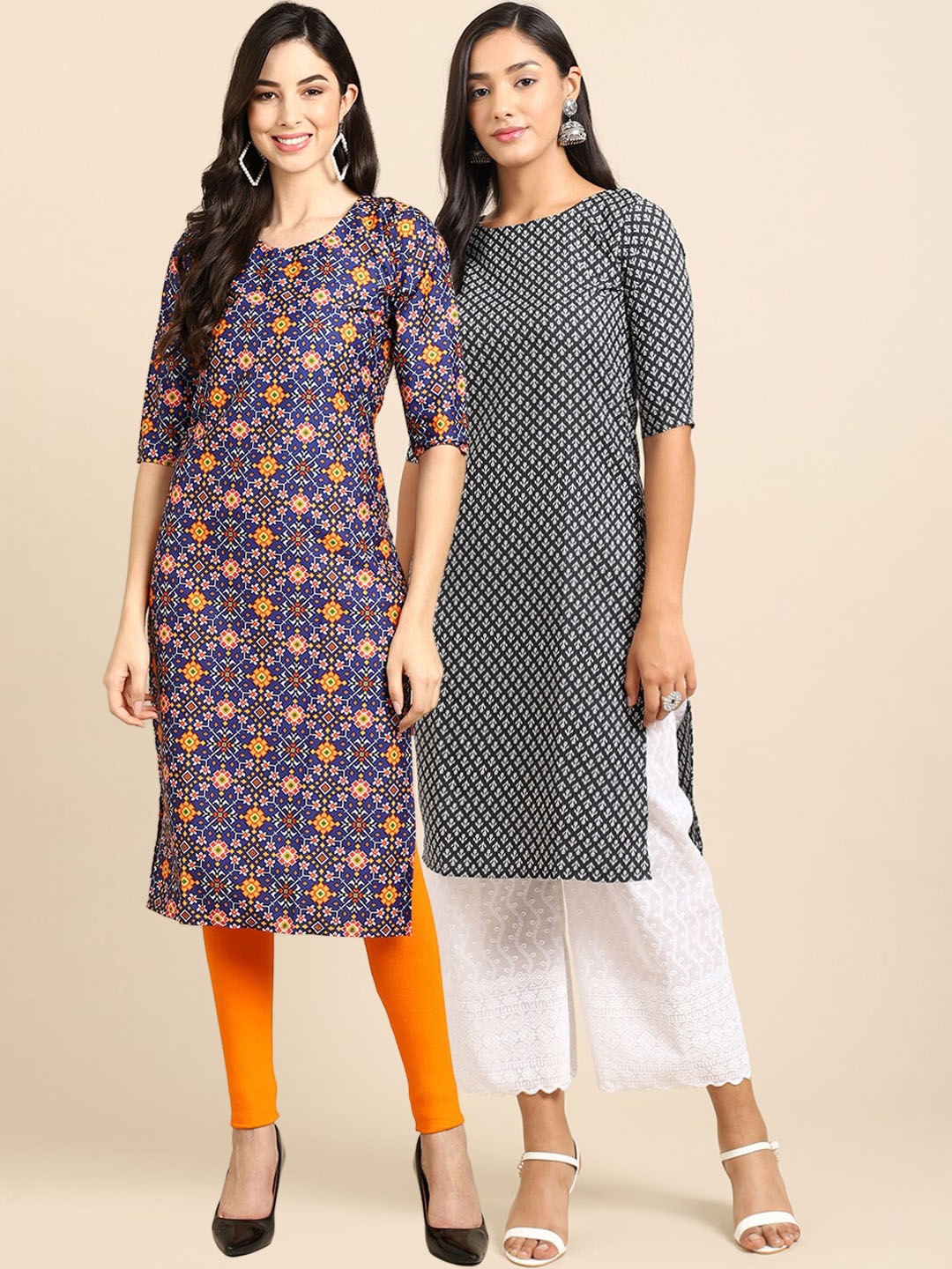 7Threads Women Pack of 2 Printed Straight Crepe Kurta, Blue