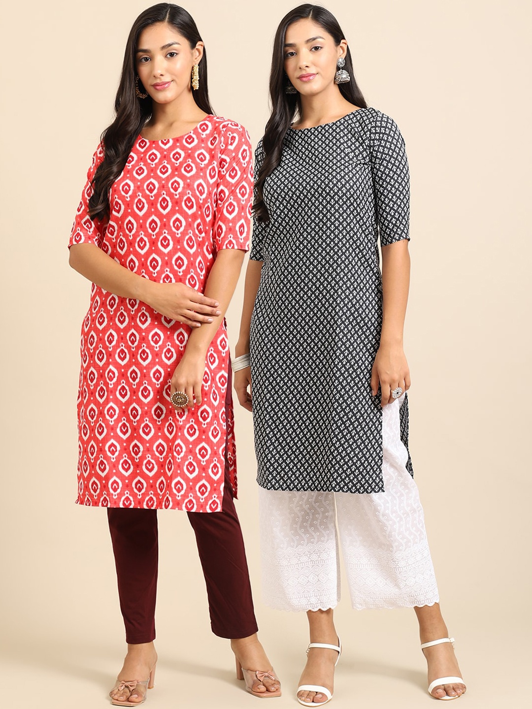 

7Threads Women Pack of 2 Printed Straight Crepe Kurta, Coral