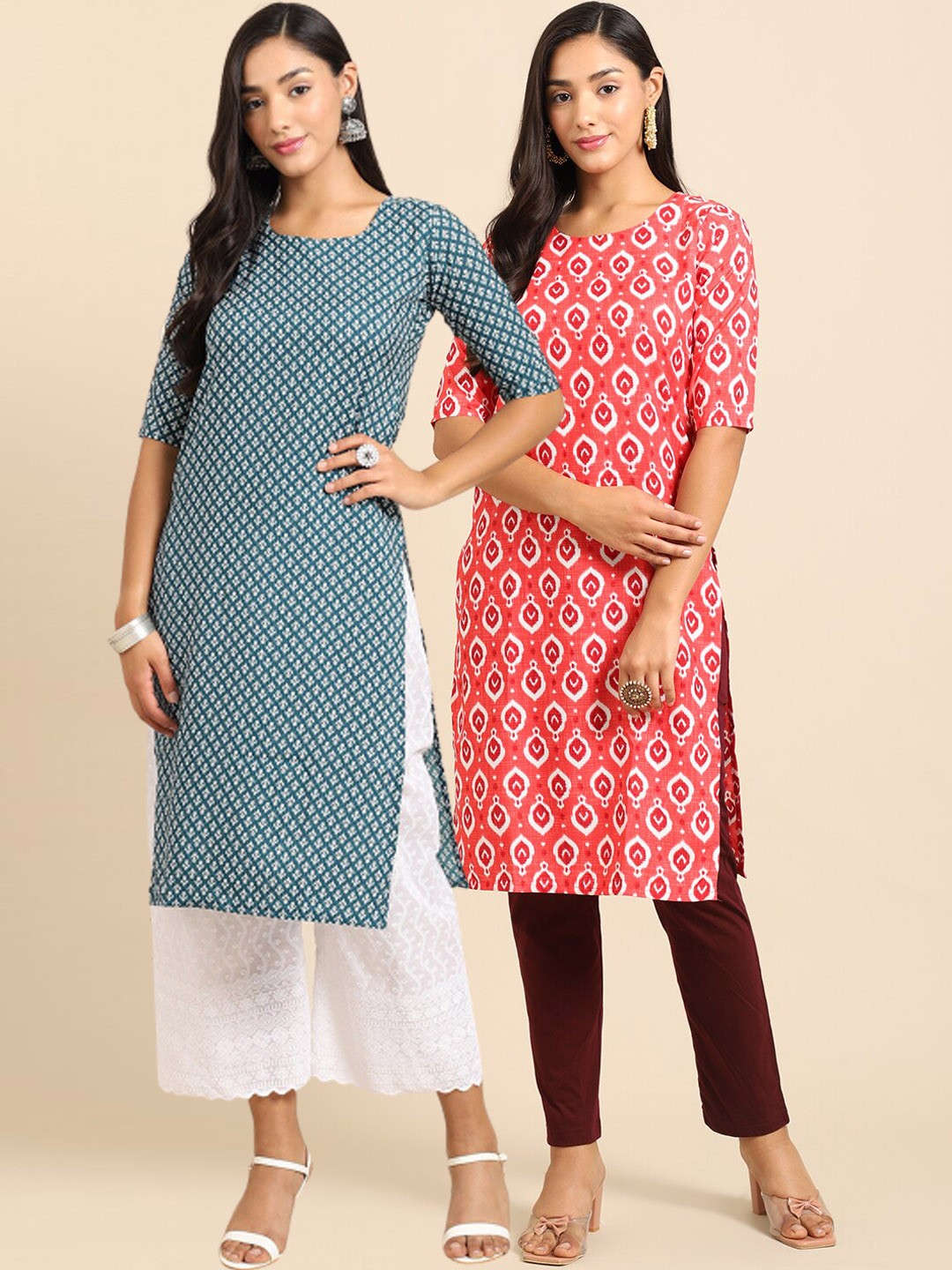 

7Threads Women Pack of 2 Printed Straight Crepe Kurta, Coral