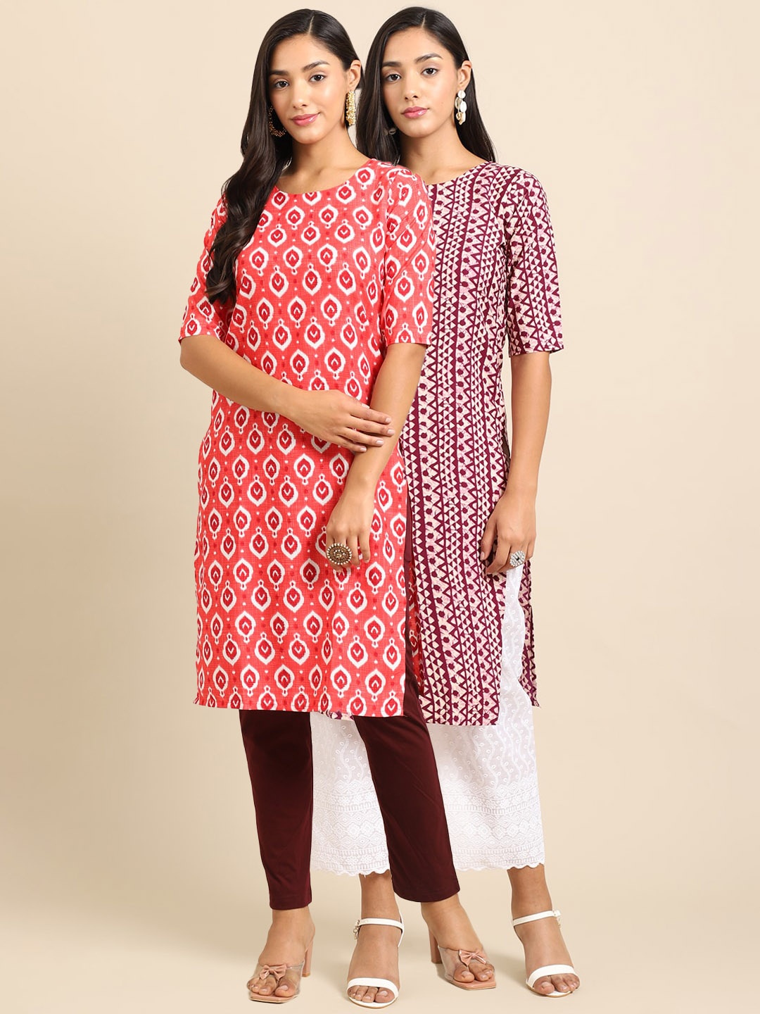

7Threads Women Pack of 2 Printed Straight Crepe Kurta, Pink