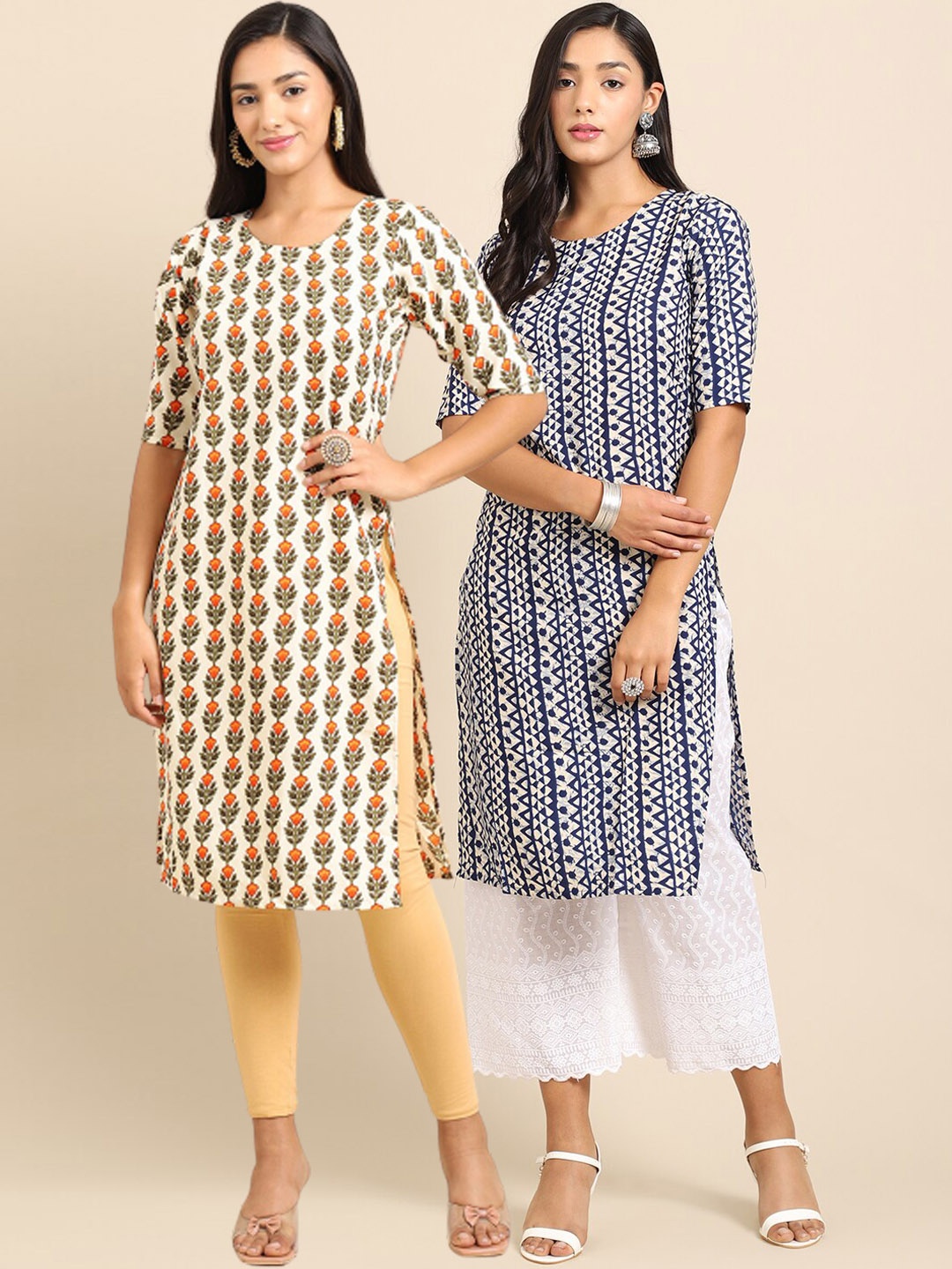 

7Threads Women Pack of 2 Printed Straight Crepe Kurta, Beige