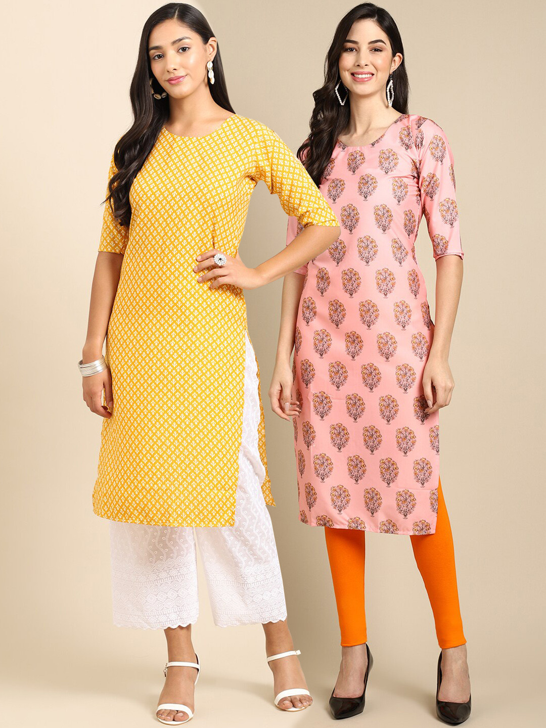 

7Threads Women Pack of 2 Printed Straight Crepe Kurta, Yellow