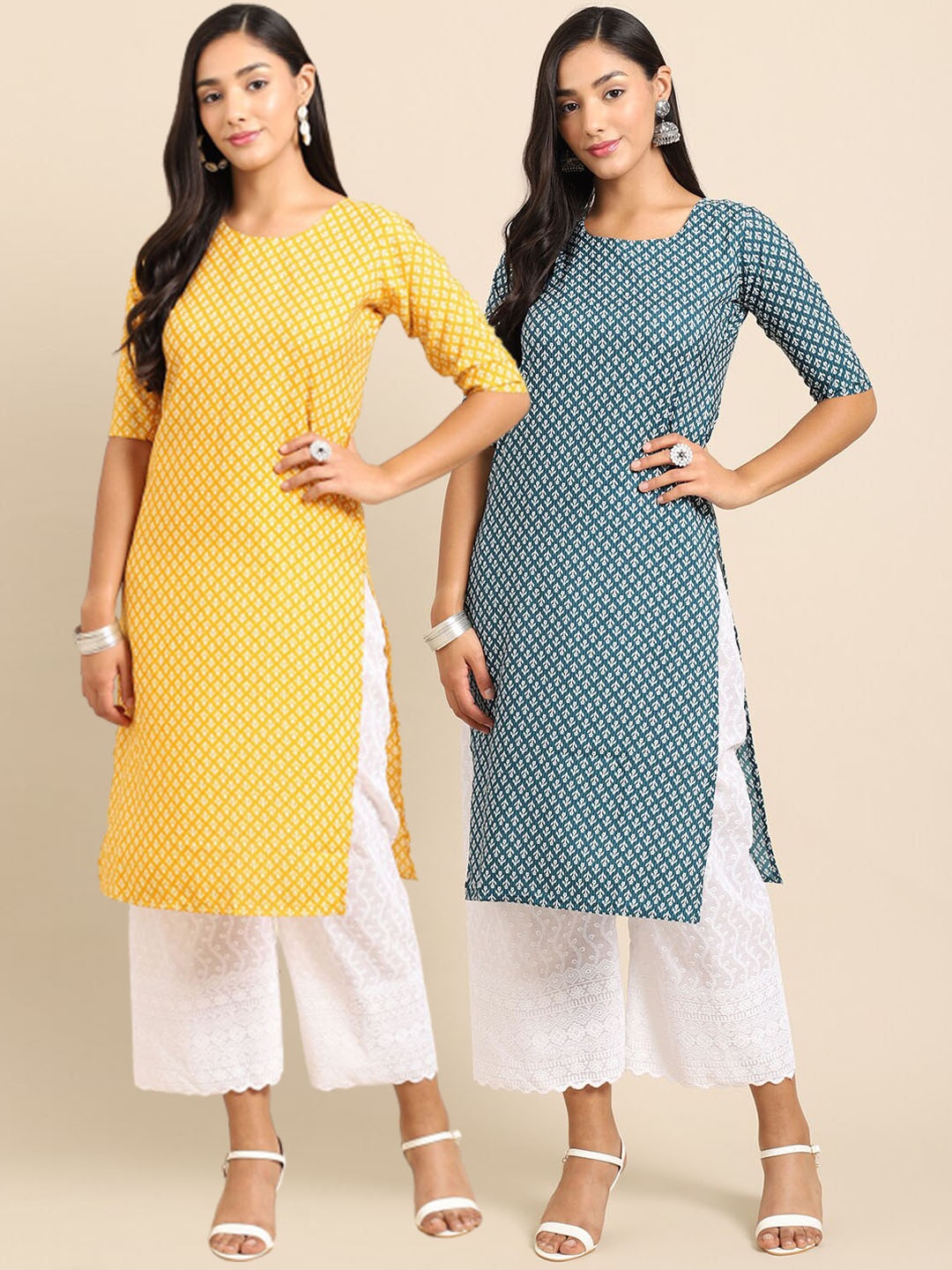 

7Threads Women Yellow & Teal Blue Pack of 2 Printed Crepe Kurta