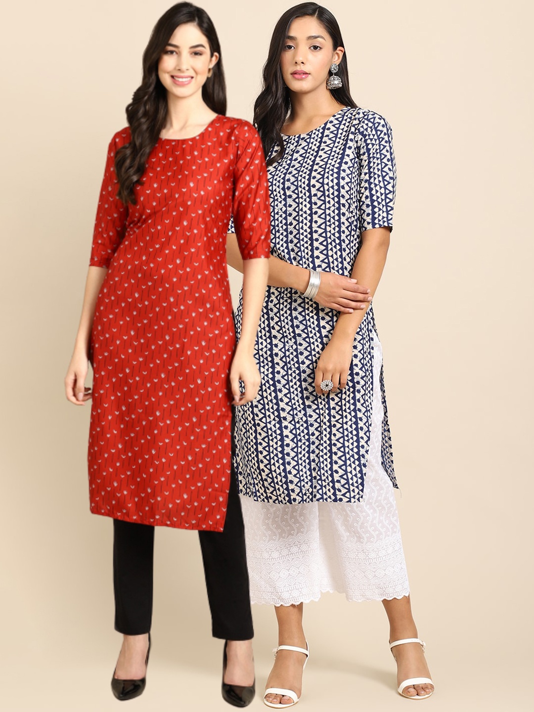 

7Threads Women Red & Navy Blue Pack of 2 Printed Crepe Kurta