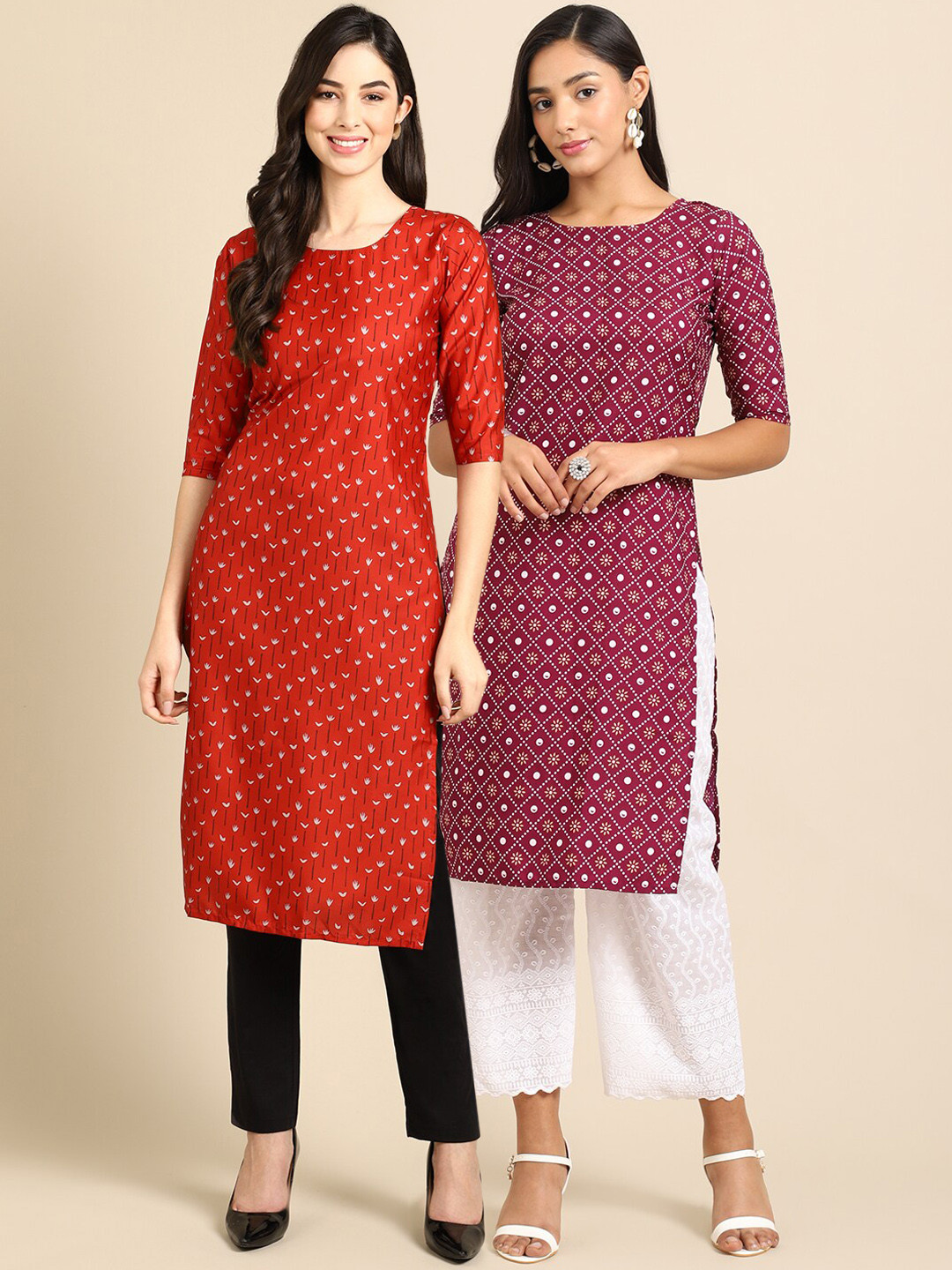 

7Threads Women Pack of 2 Printed Crepe Block Print Straight Kurtas, Red