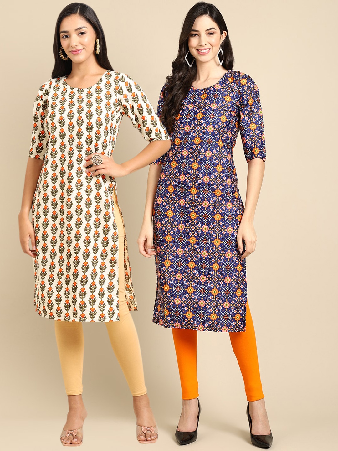 

7Threads Women Pack of 2 Blue & Off White Block Print Crepe Straight Kurtas