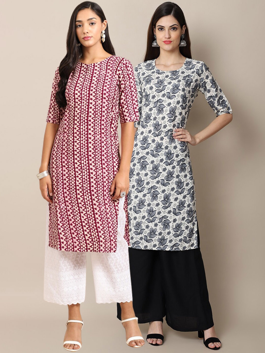 

7Threads Women Pack of 2 Ethnic Motifs Printed Crepe Kurta, Purple