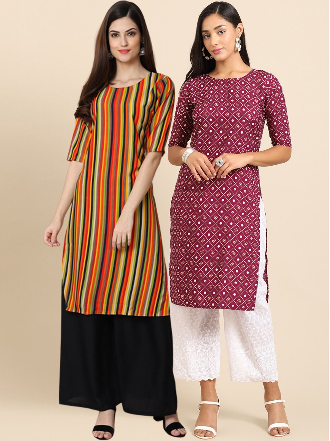

7Threads Women Pack of 2 Ethnic Motifs Striped Crepe Kurta, Orange