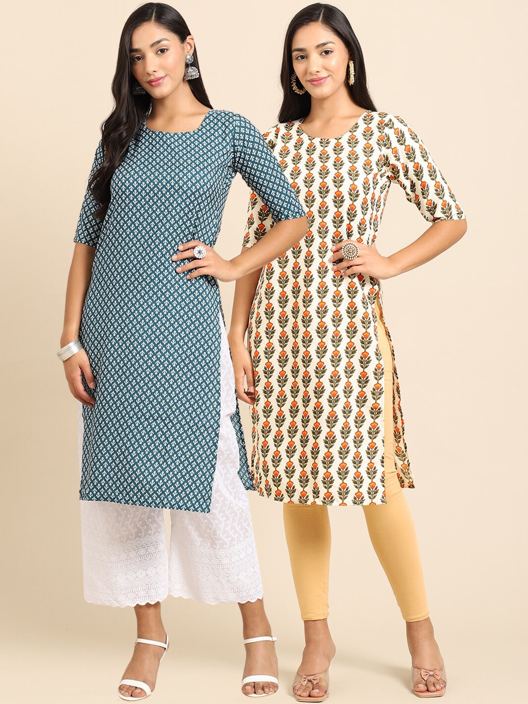 

7Threads Women Pack of 2 Ethnic Motifs Printed Crepe Kurta, Green