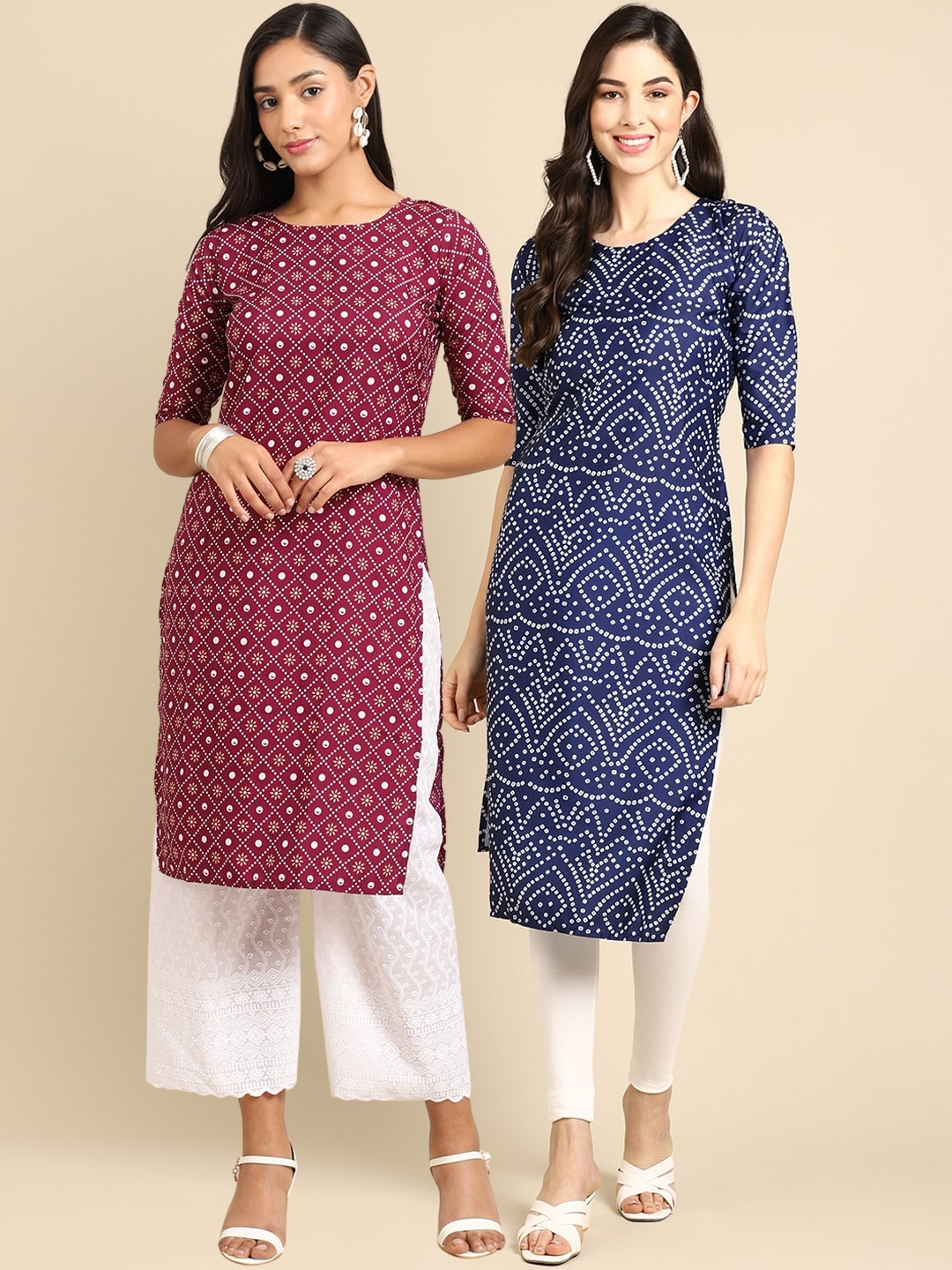 

7Threads Women Pack of 2 Ethnic Motifs Printed Crepe Kurta, Magenta