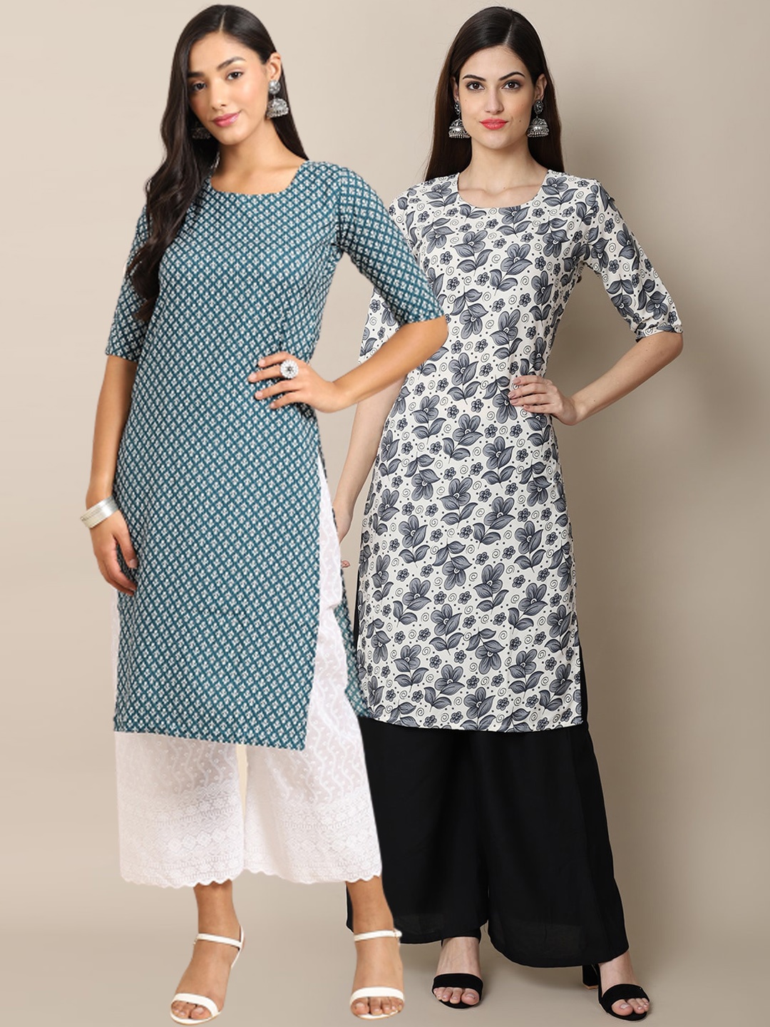 7Threads Women Pack of 2 Ethnic Motifs Printed Crepe Kurta, Green