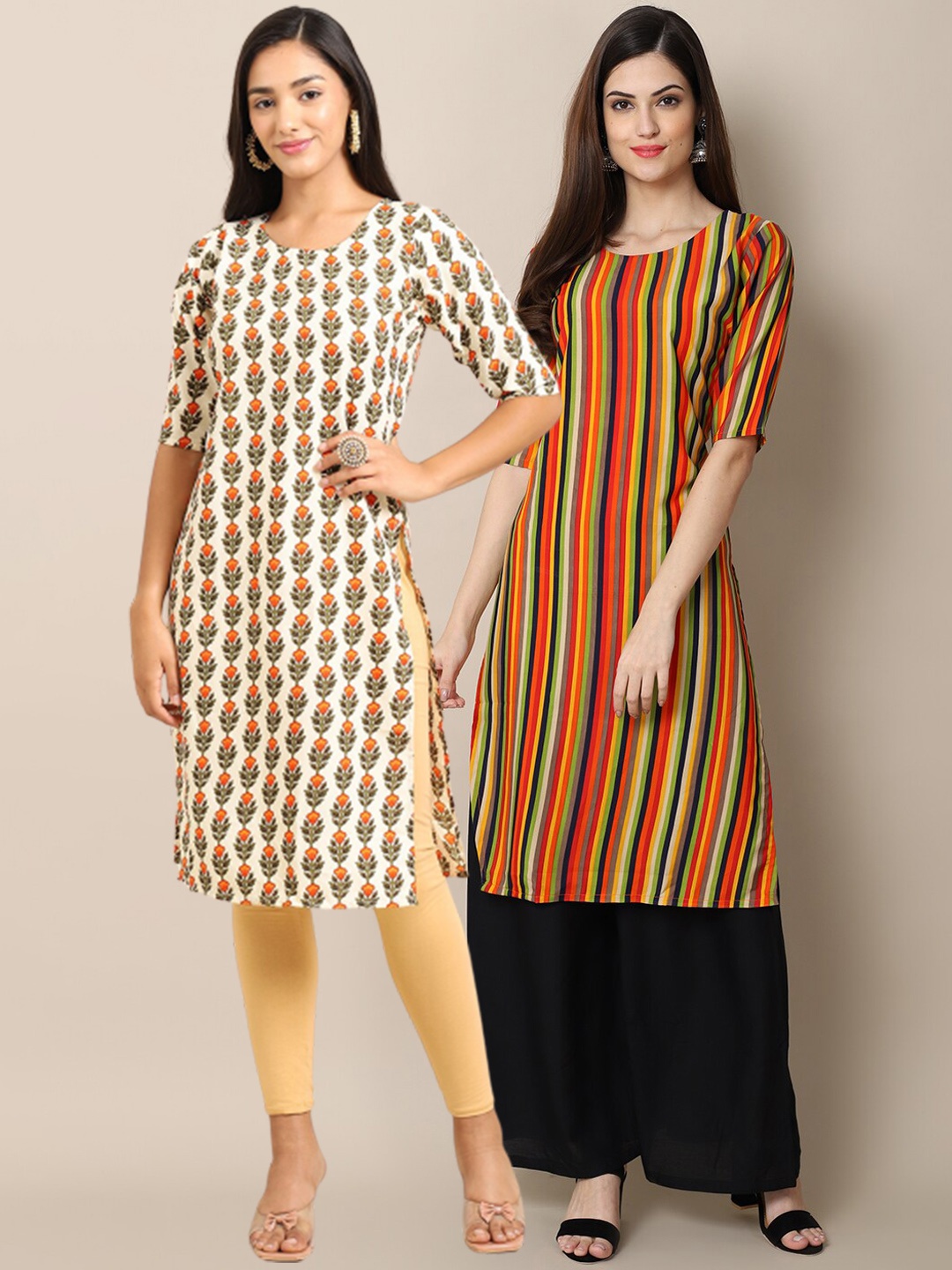 

7Threads Women Pack of 2 Ethnic Motifs Printed Crepe Kurta, Cream