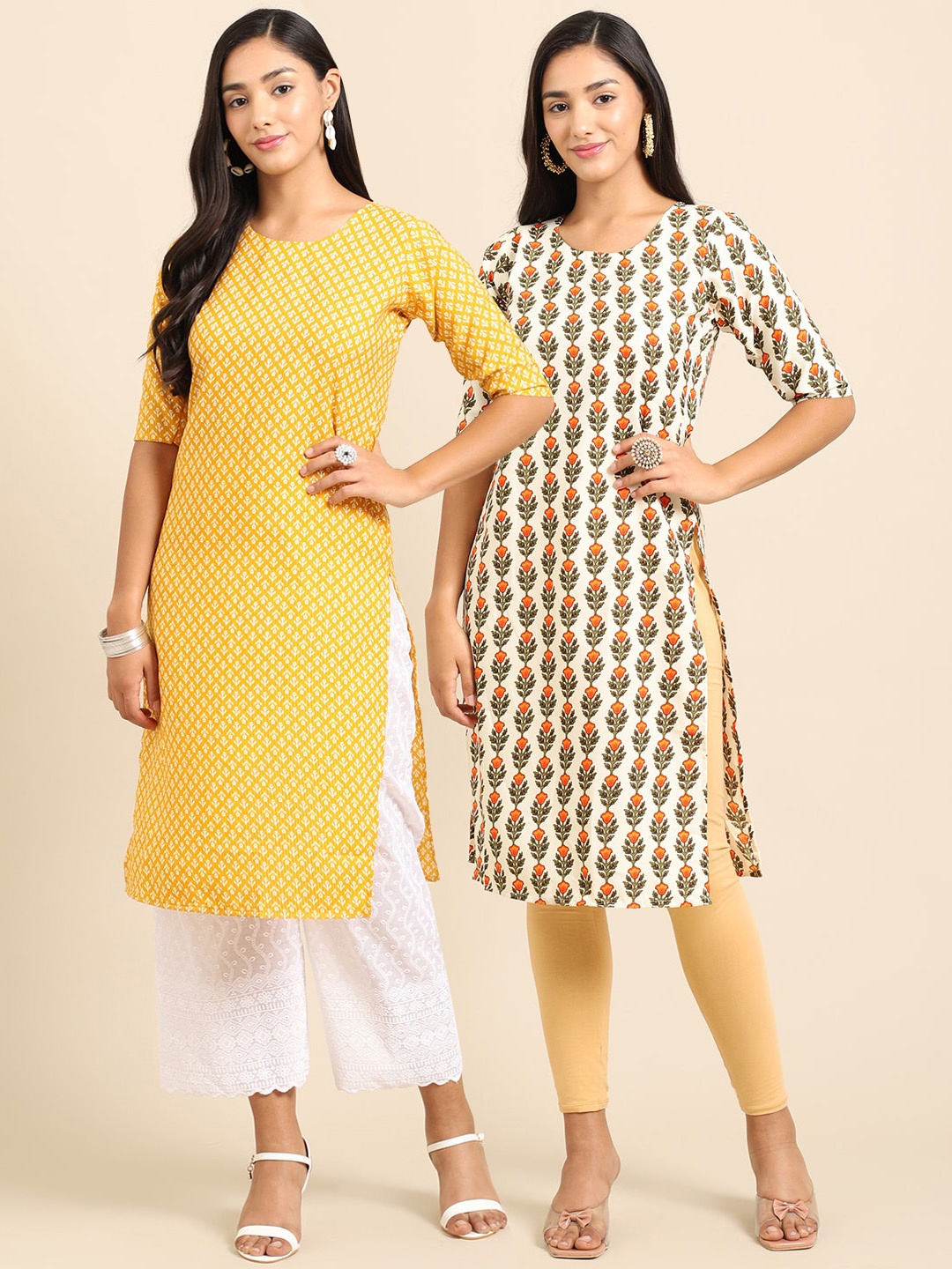 

7Threads Women Pack of 2 Floral Printed Crepe Kurta, Yellow