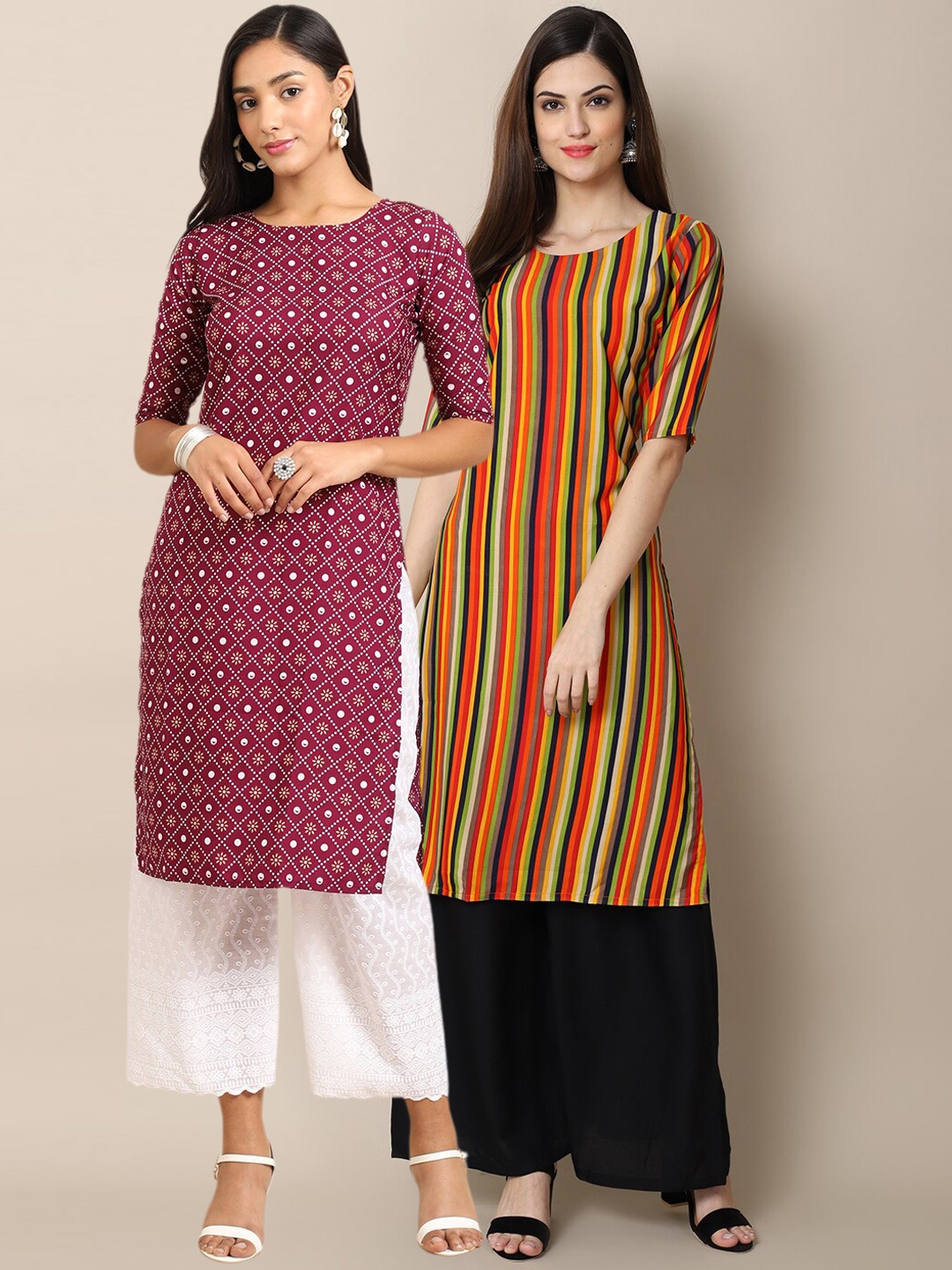 

7Threads Women Purple & Mustard Yellow Pure Cotton Pack of 2 Printed Crepe Kurta
