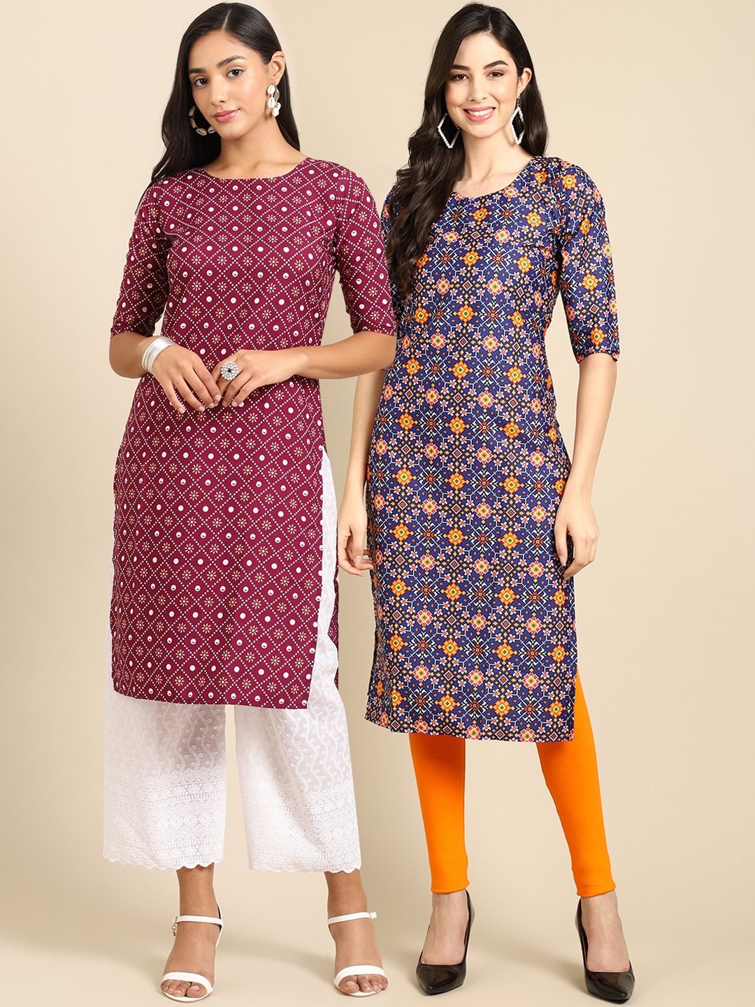 

7Threads Women Pack of 2 Floral Printed Crepe Kurta, Purple