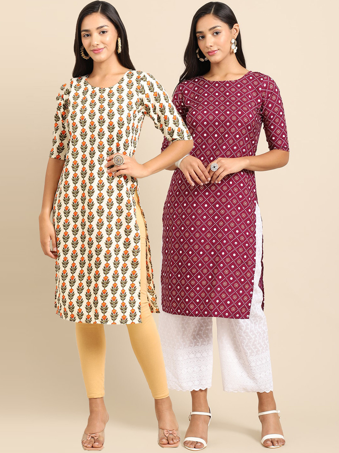 

7Threads Women Beige & Purple Pack of 2 Floral Printed Crepe Kurta